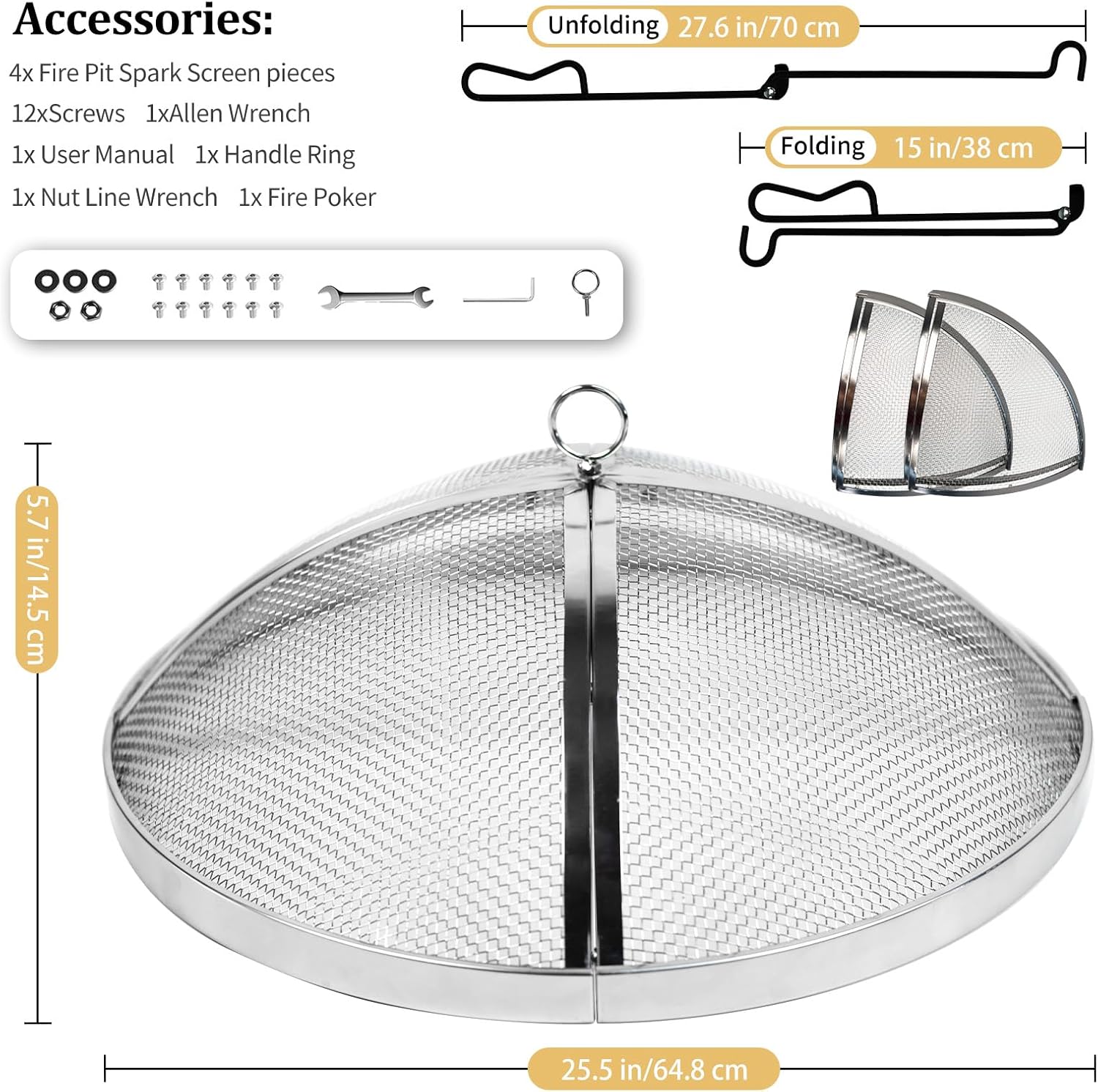 Fire Pit Spark Screen Compatible with Solo Stove Yukon, 27 inch Stainless Steel Mesh Fire Pit Screen Shield for Solo Stove Yukon Accessories with Fire Poker & Toasted Marshmallow Sticks