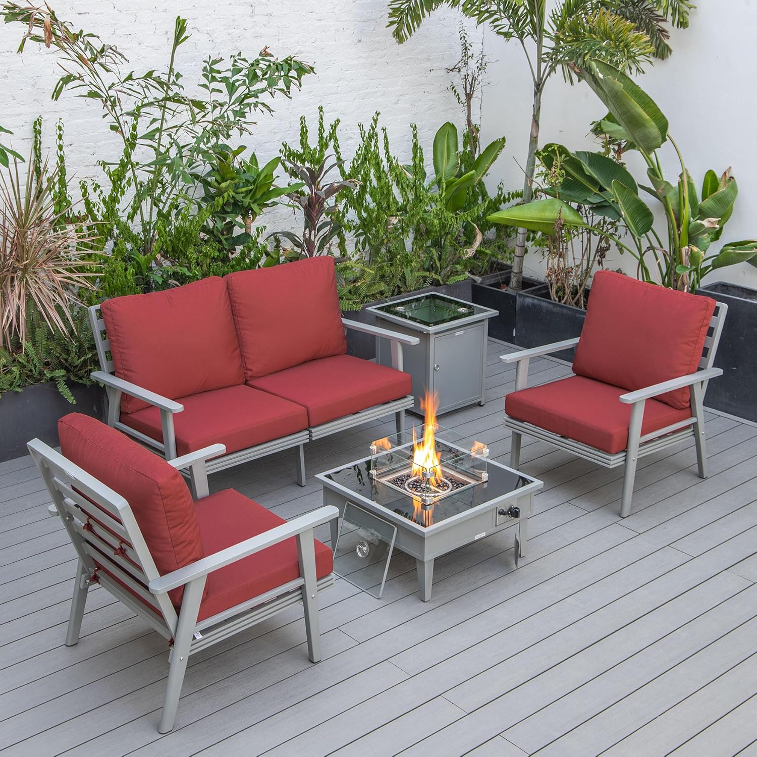 LeisureMod Walbrooke Modern Aluminum 5-Piece Patio Conversation Set with Outdoor Square Fire Pit Table & Side Table Tank Holder (Red)