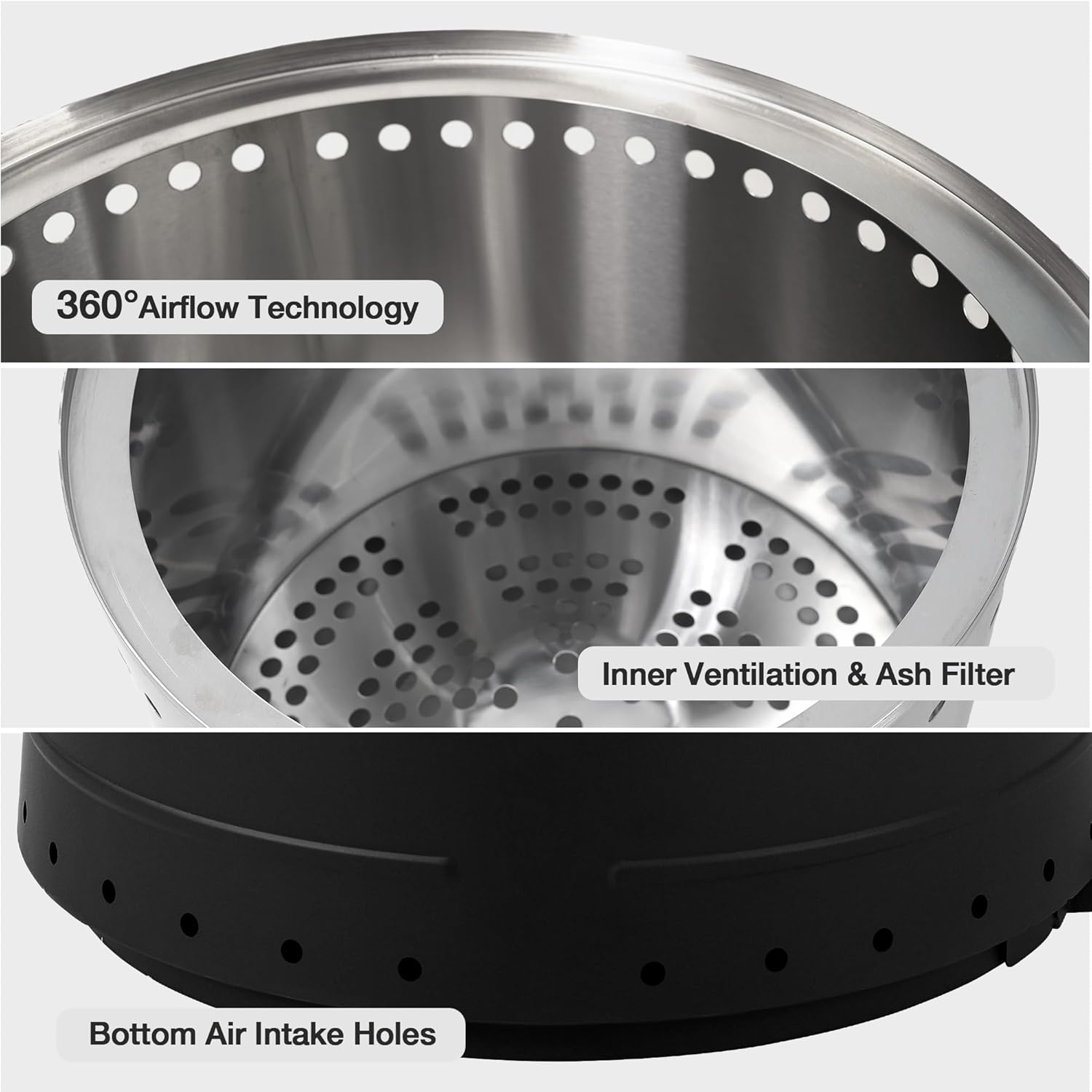 HOMREST 20” Smokeless Firepit with Removable Ash Pan, 304 Stainless Steel Outdoor Fire Pit for Outside Wood Burning, Portable Fire Pit for Patio Camping Backyard