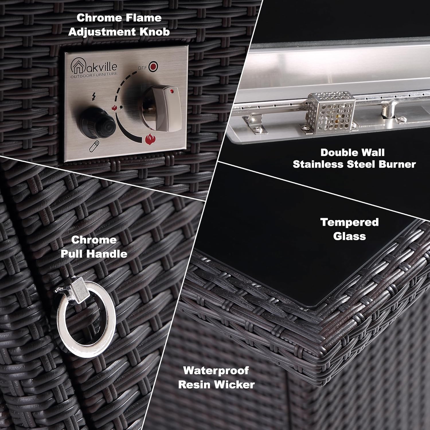 44 in. x 32 in. Rectangular Outdoor Brown Wicker Aluminum Propane Fire Pit Table in Tempered Glass w/Fire Glass, Add Warmth and Ambience to Gatherings and Parties On Patio Deck Garden