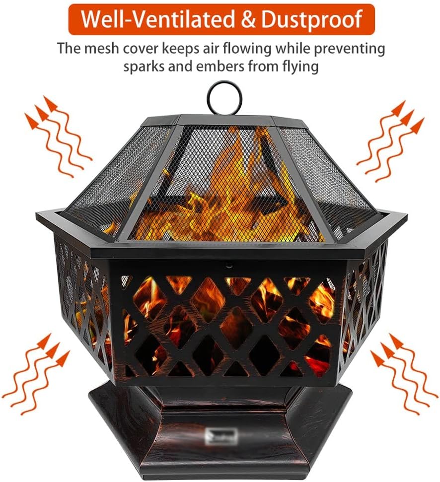 BBQ Grill Outdoor Fireplace Fire Pit Stove Garden Patio Wood Log Barbecue Net Set Cooking Tools Camping Brazier for Xmas, bronze