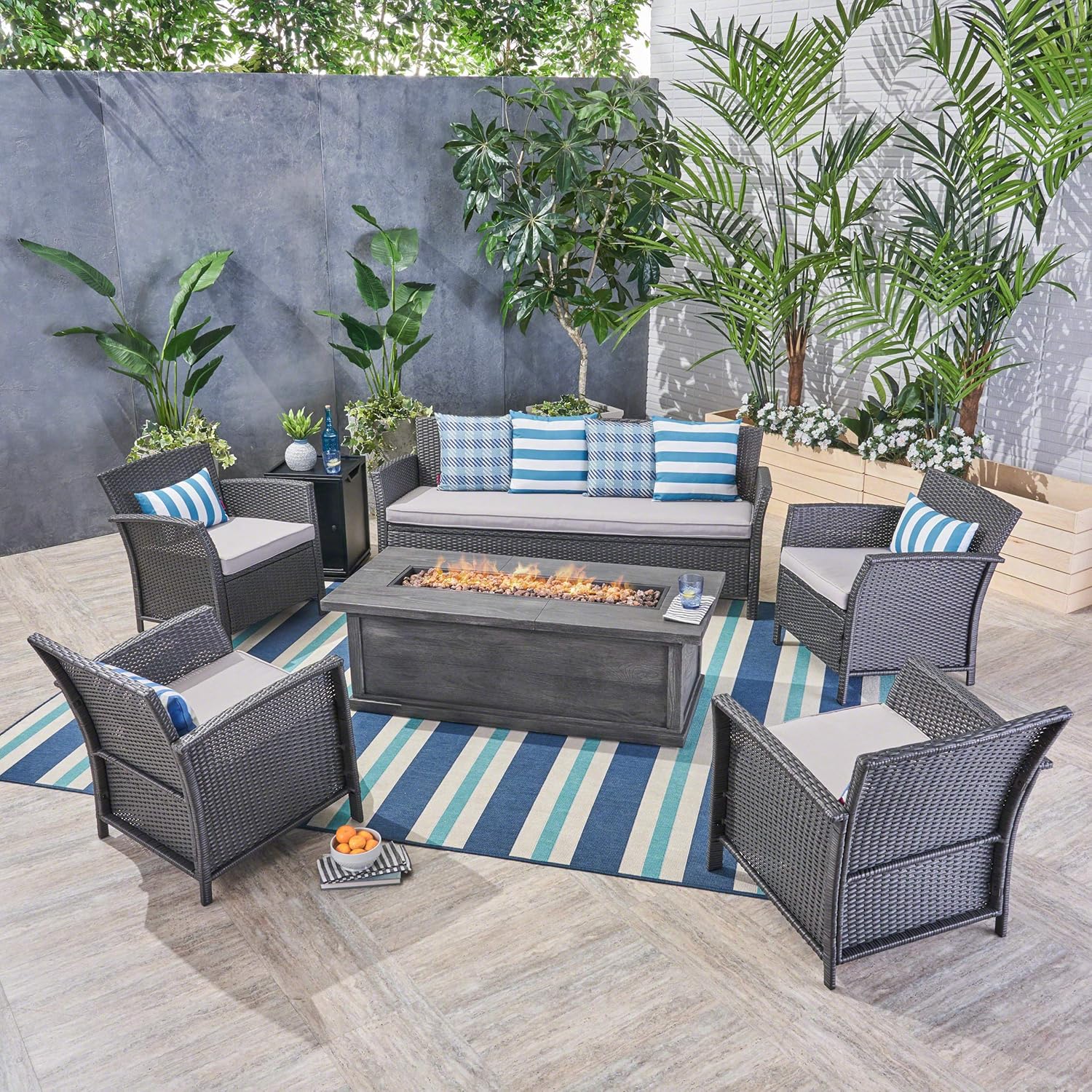 Christopher Knight Home Mason Outdoor 7 Seater Wicker Chat Set with Fire Pit, Gray/Silver/Gray
