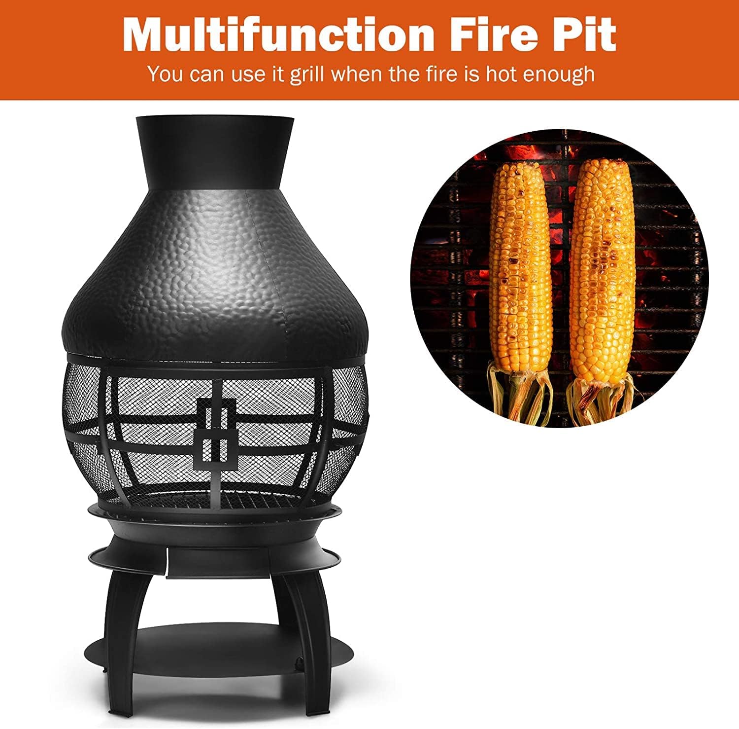 SAFSTAR Outdoor Cast Iron Chiminea, Fireplace Wooden Chiminea Fire Pit w/Fire Poker, 360°Fire Retardant Mesh Cover, Patio Wood Burning Fire Pit