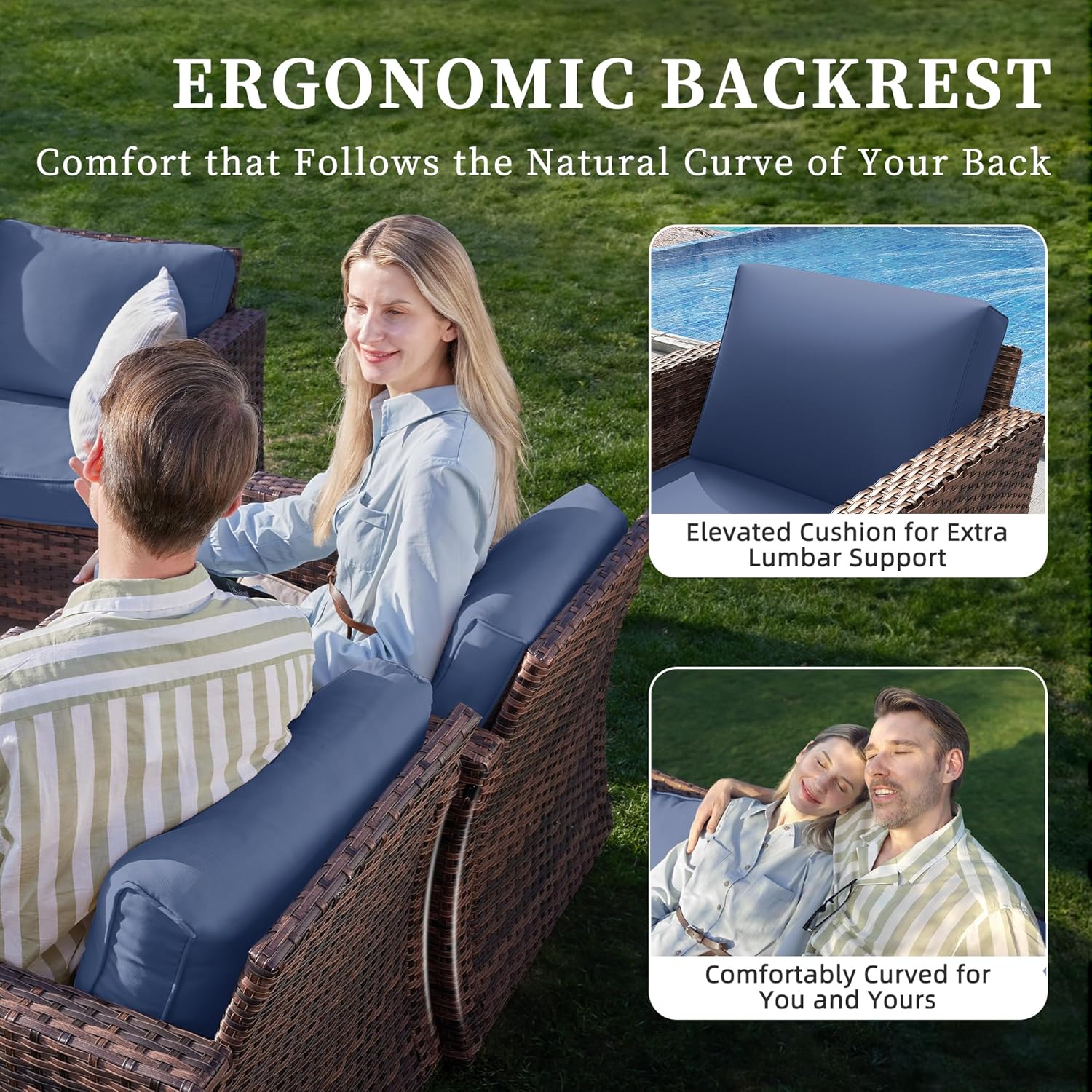 UDPATIO Patio Furniture Set with Fire Pit Table and Swivel Rocking Chairs, 6 Pieces Outdoor Wicker Furniture Set with Waterproof Cover, 4'' Thickened Cushion, Navy