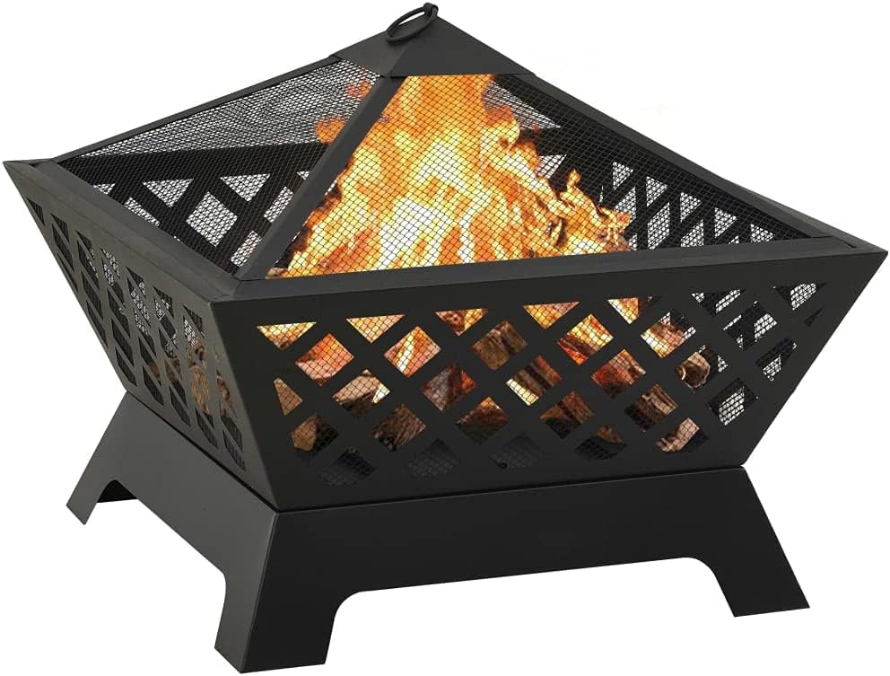 Steel Fire Pit with Metal Poker and Mesh Cover, Absorbing and Radiating Heat Outdoor Fire Pit Square Fireplace for Garden Patio 25.2
