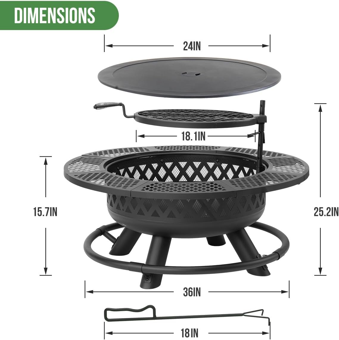 36 Inch Fire Pit with Grill,Wood Burning Fire Pits for Outside with Lid& Fire Poker,Round Metal Firepit Table 3 in 1 with Cooking Grate,Outdoor Firepits for Yard Patio Bonfire Camping(Black)