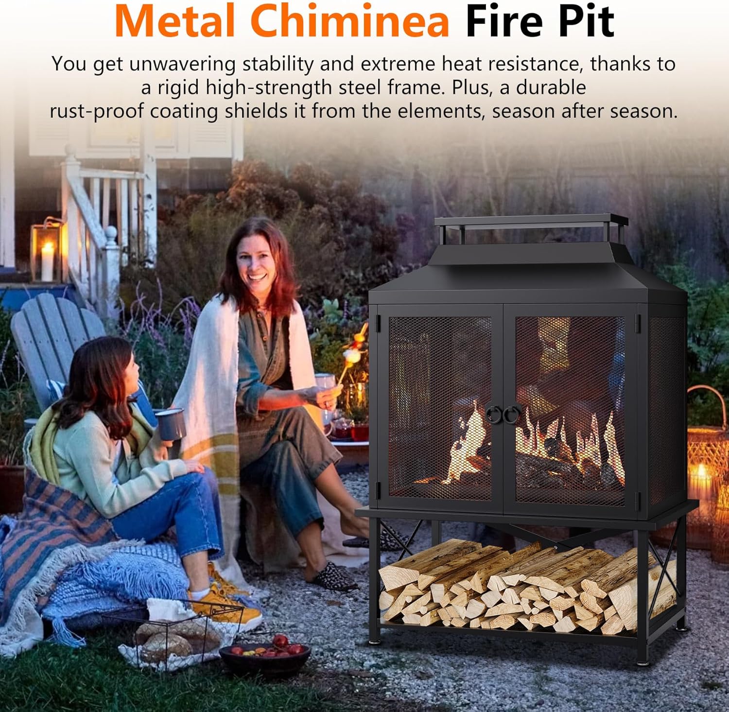 2-in-1 Metal Chiminea Fireplace with Grill,Wood Burning Outdoor Fireplace with Wood Storage, Chimney,Metal Mesh Spark Screen,and Fire Tongs Ideal for Yards,Patios, Gardens,Camping,and Picnics