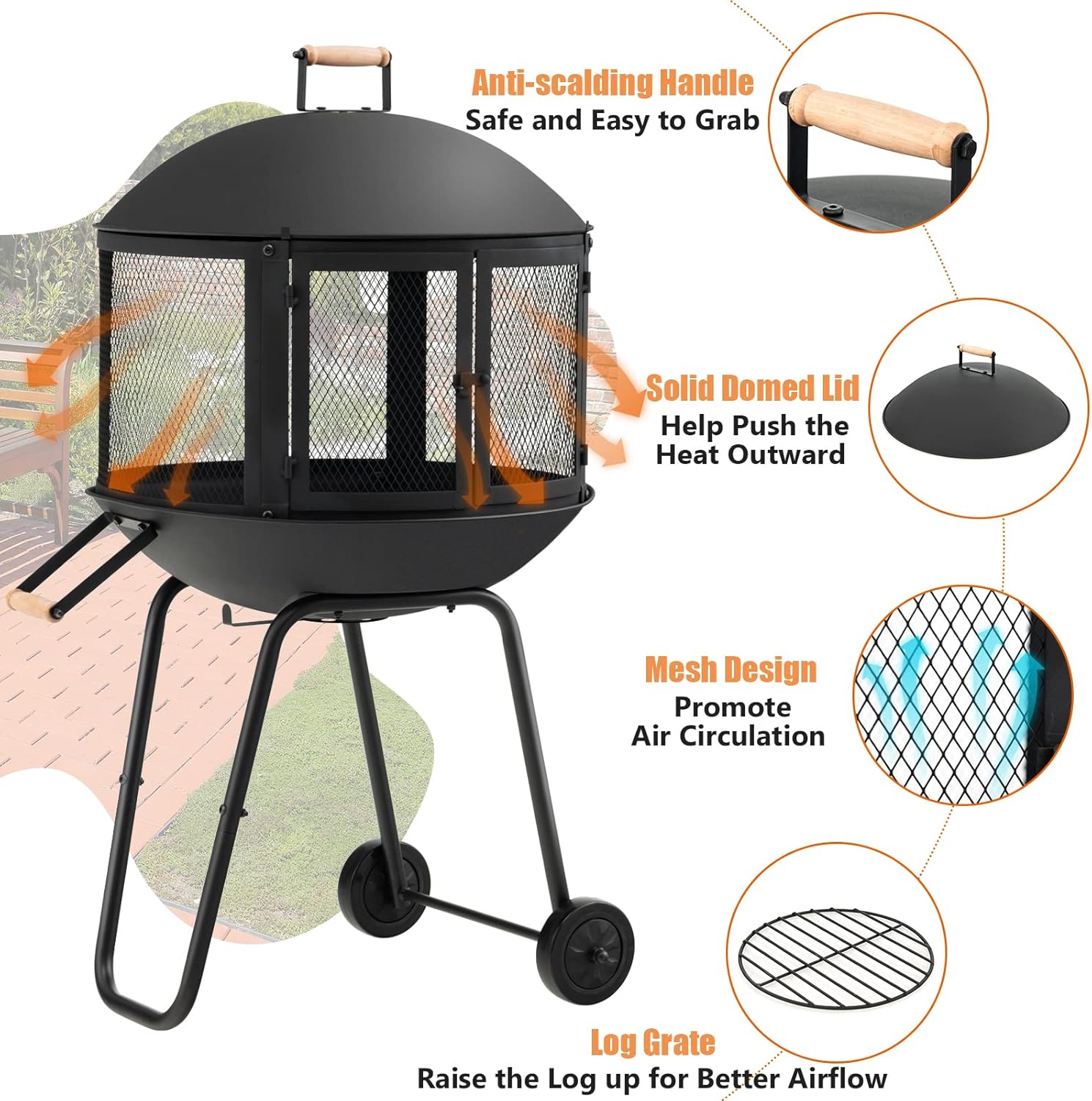 Tangkula Portable Fire Pit with Wheels, 28 Inch Wood Burning Fire Pit with Log Grate, Poker, Rolling Patio Fireplace Wooden Bonfire Firepit for Outdoor Entertaining Black