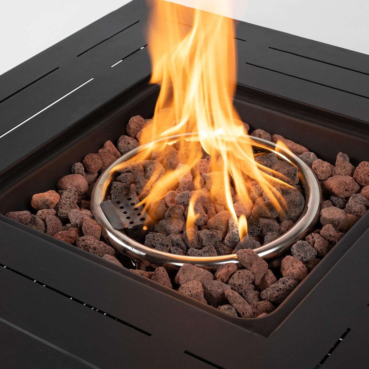 28'' Propane Fire Pit Table, 50,000 BTU Fire Table with Brown Wicker, Laval Rocks, Inclined Leg Design.