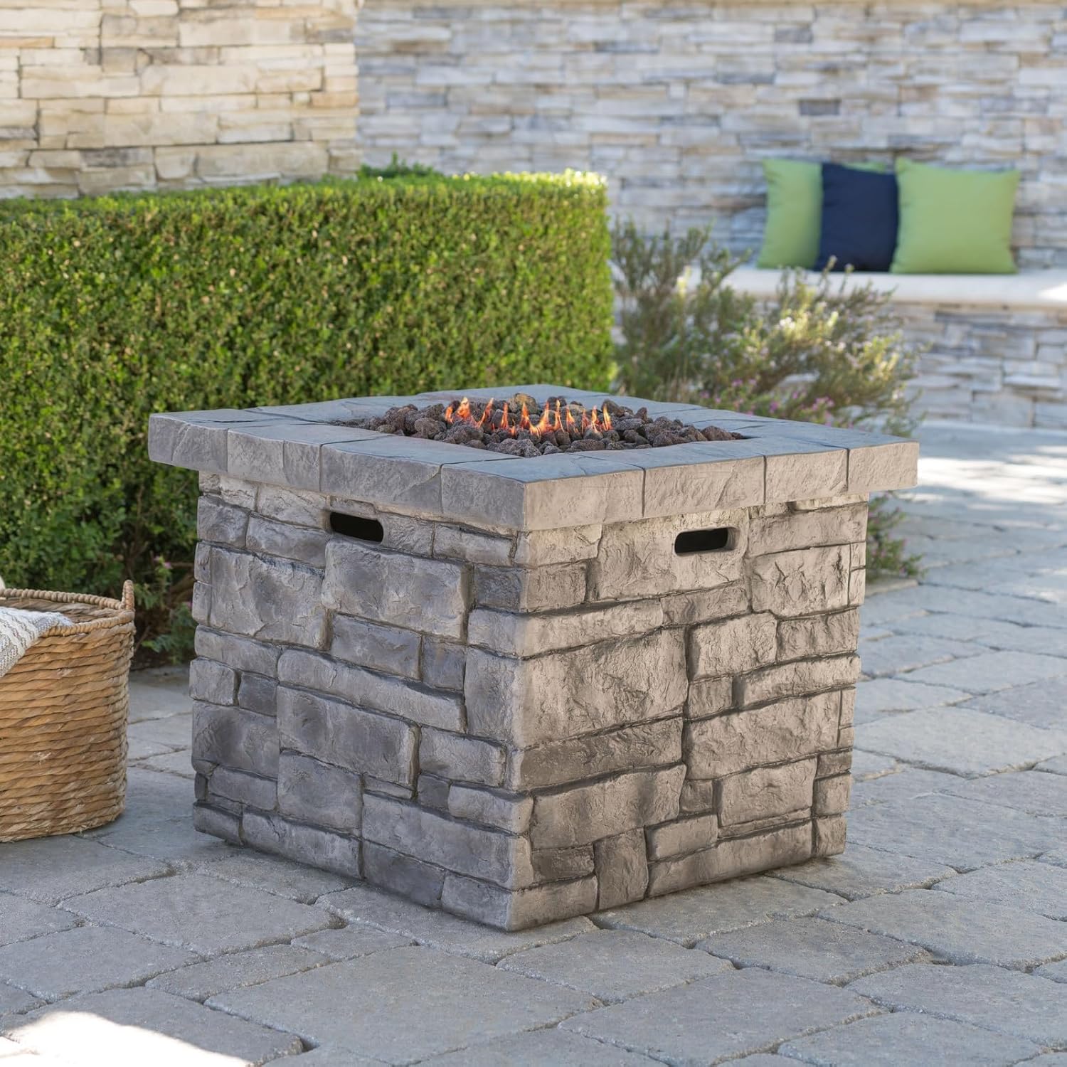 Penau 30 Inch Outdoor Square Propane Fire Pit - 40,000 BTU Grey, Durable MgO Construction, Hand Crafted Details, No Assembly Required