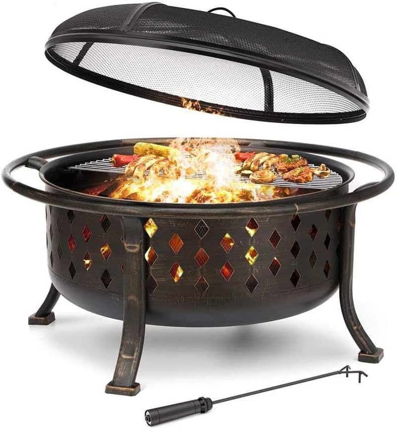 36 Inch Fire Pit Outdoor Wood Burning Fire Pits Heating Large Steel BBQ Grill Firepit Bowl for Winter with Cooking Grate