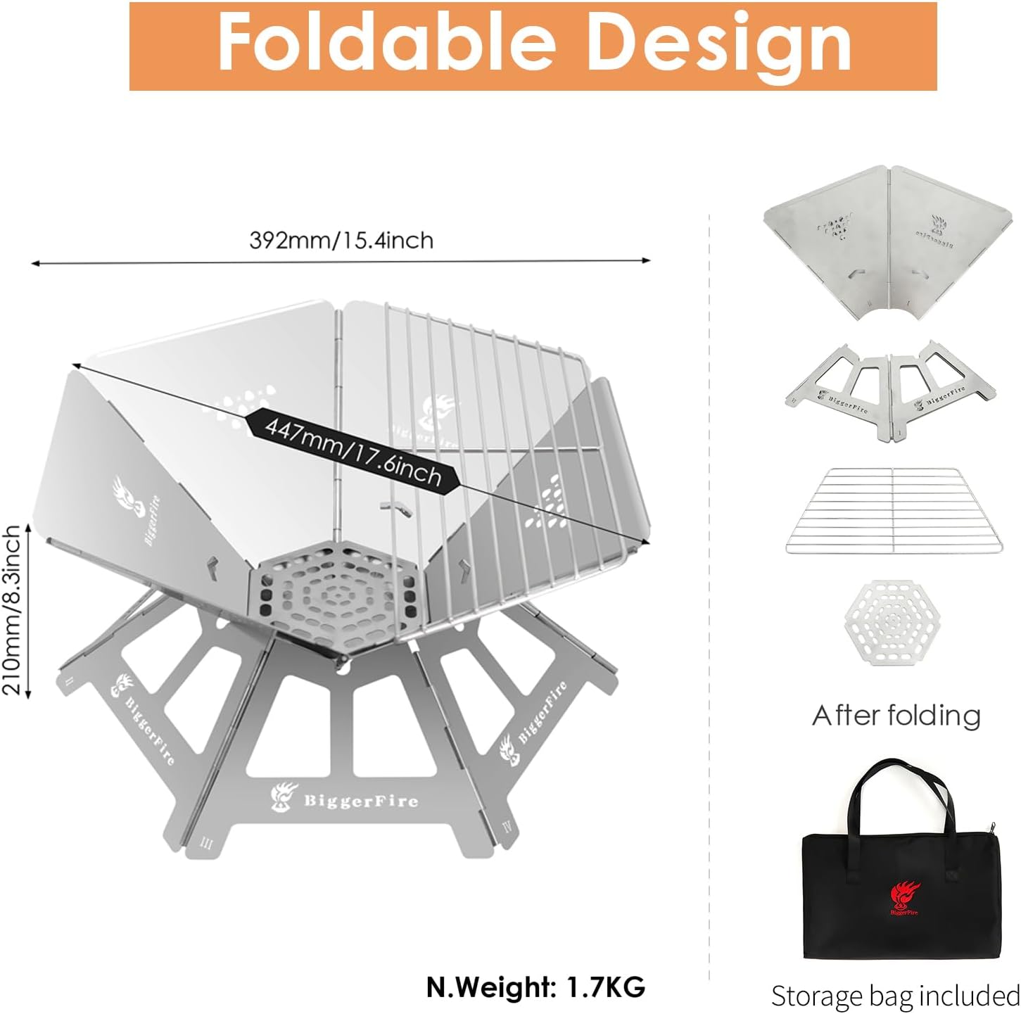 Foldable Portable Fire Pit,Stainless Steel Fire Pits with Charcoal Grill Net and Storage Bag and Firewood Carrier Bag 38x18 Inches Waxed Canvas Log Carrier Tote