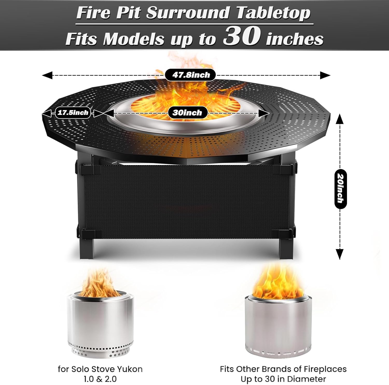 47.8 in with Oxford Cloth Safety Enclosure Fire Pit Surround Tabletop for Solo Stove Yukon, Bonfire & Tiki Fire Pits, 30.2 in Inner, Durable Tabletop, Safe & Spacious Outdoor Accessory.