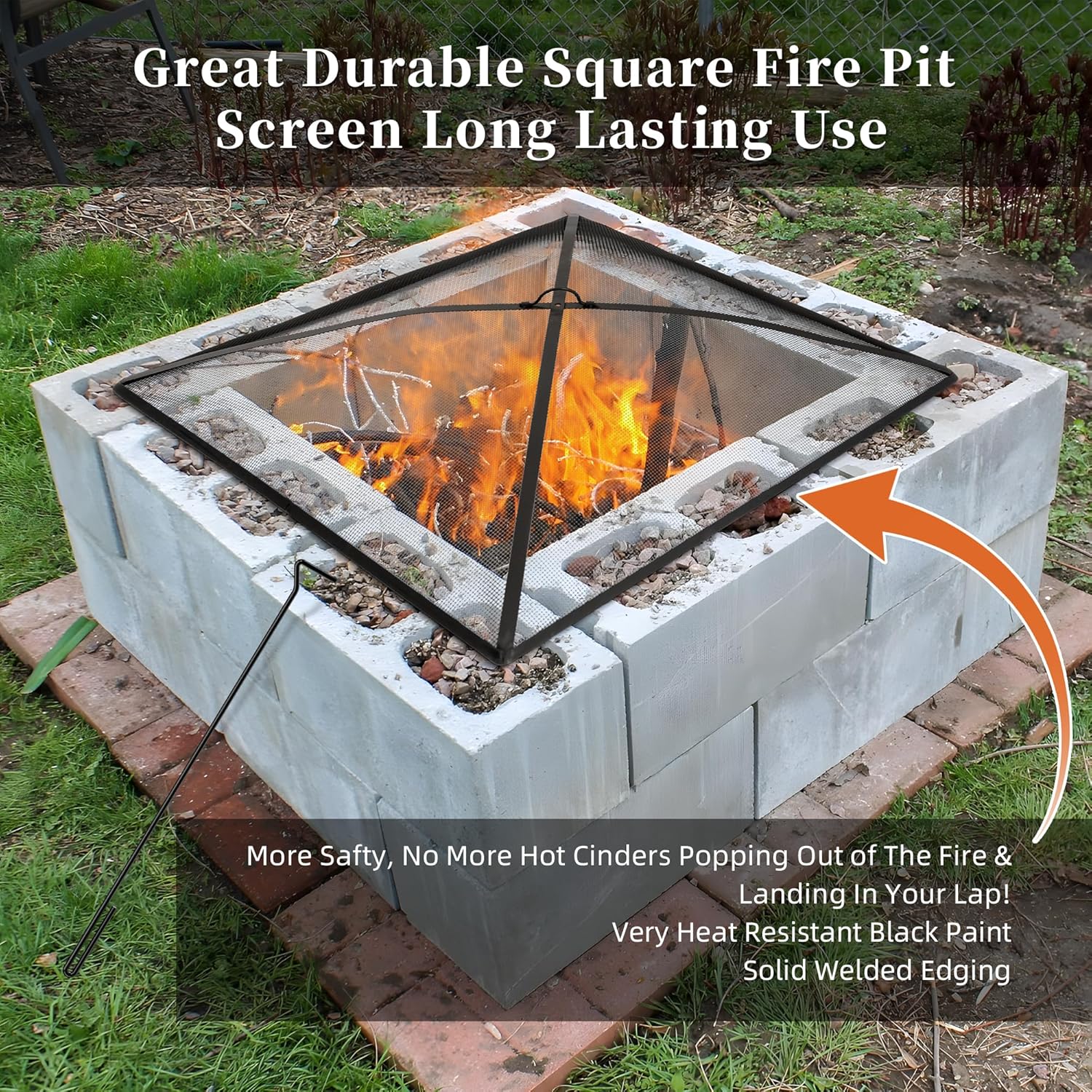 WeCooper Heavy Duty Fire Pit Spark Screen Cover,36in Steel Mesh Square Fire Pit Screen, FirePit Ember Guard with FirePit Poker