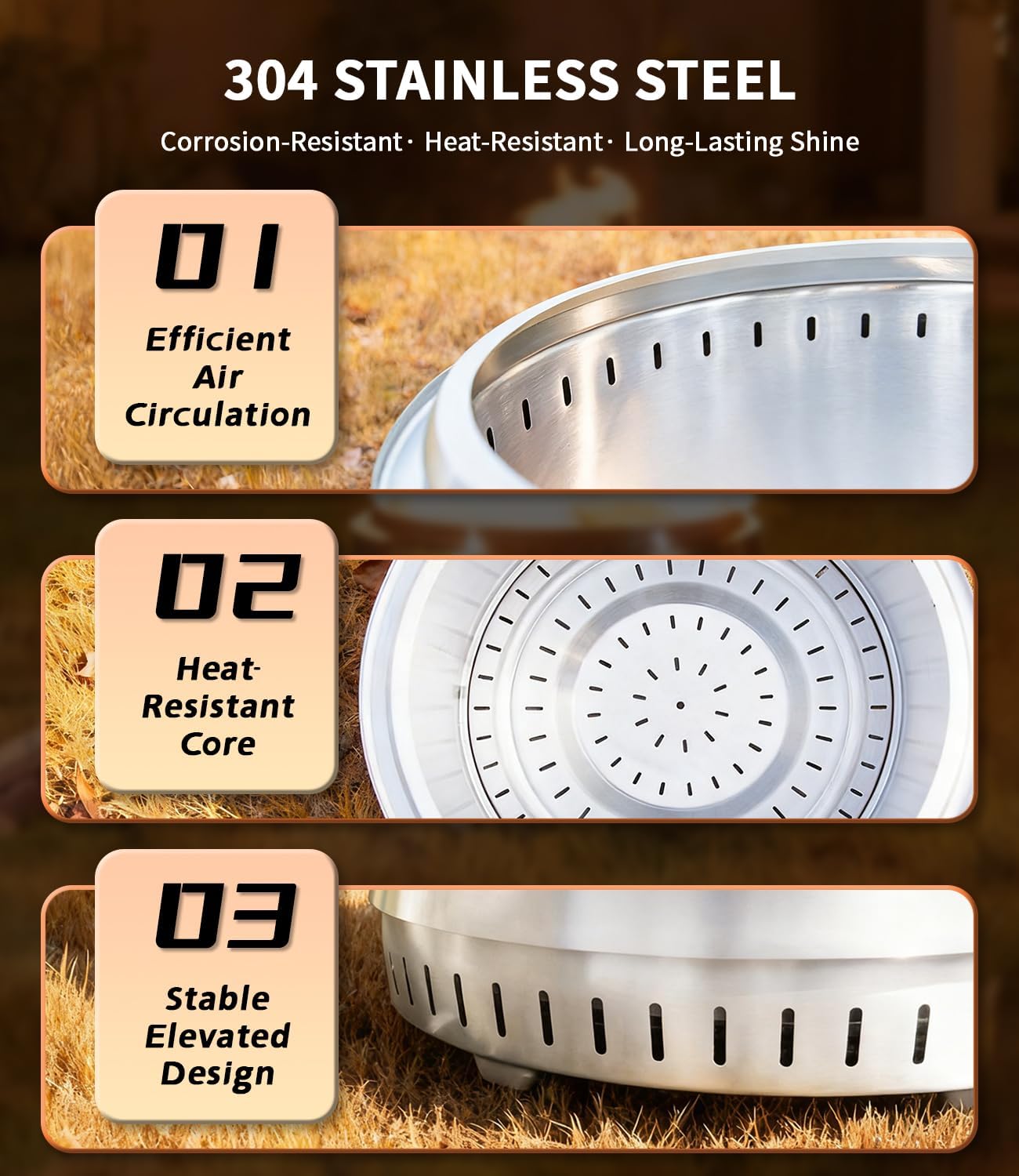 21 Inch Smokeless Fire Pit, for Outdoor Patio & Backyard, Dual Airflow Secondary Combustion, Stainless Steel Firepit with Detachable Ash Pan, Clean Burn, Portable for Camping & Gatherings