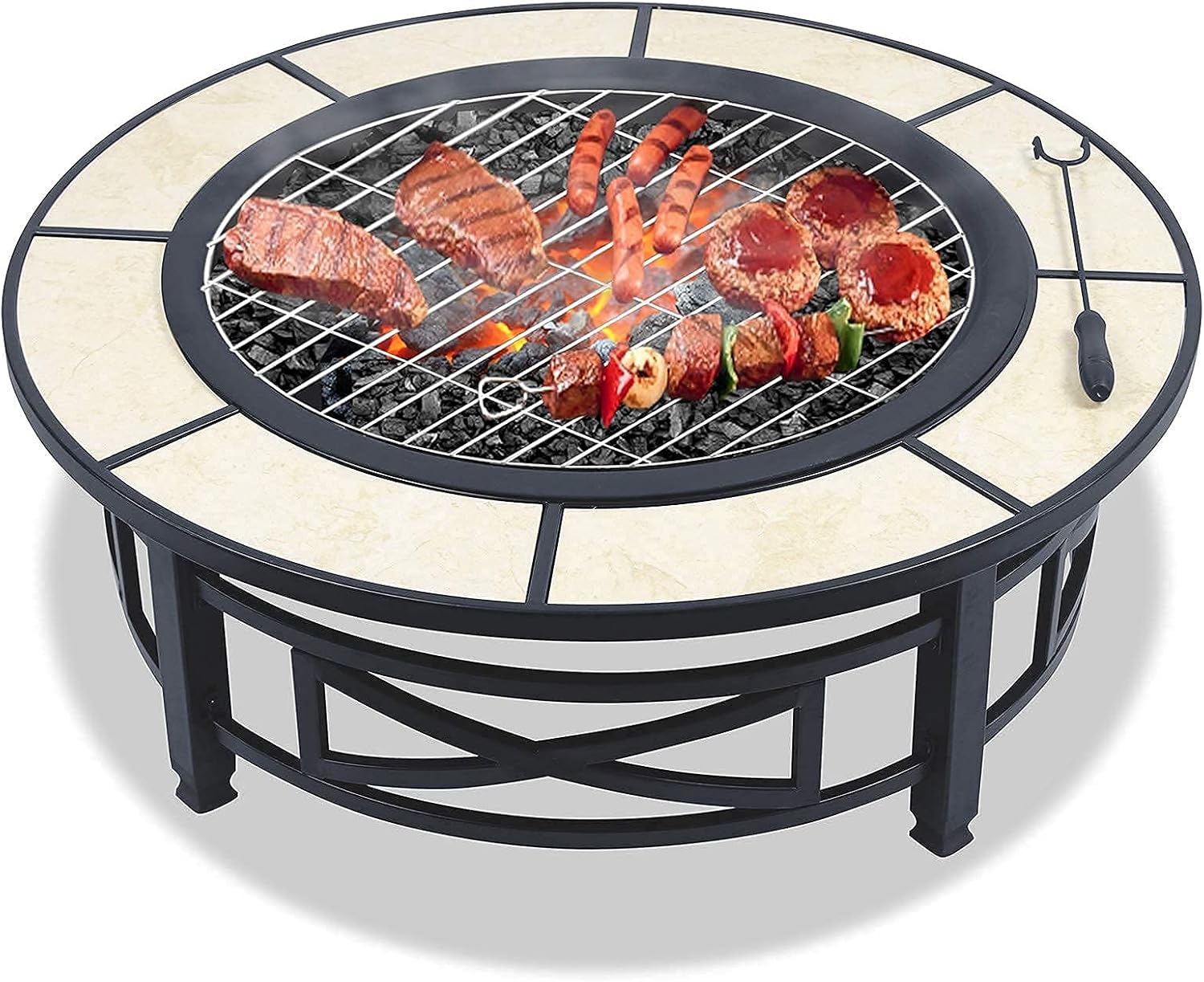 Metal Round Fire Pit with BBQ Grill & Cover - Outdoor Garden Stove Patio Heater/Charcoal Barbeque/Ice Pit, Smoke Grill Table Tabletop Grill