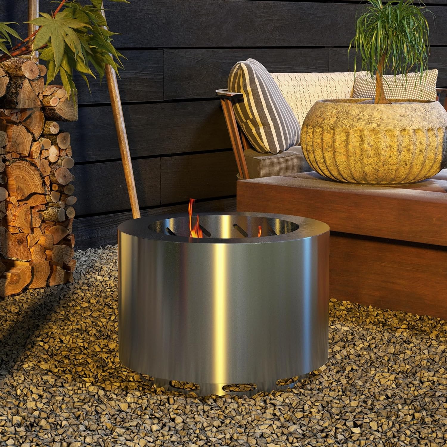 Smokeless Outdoor Fire Pit - Secondary Combustion Cog Pit - Stainless Steel, Silver - Backyard, Patio, Camping - 19