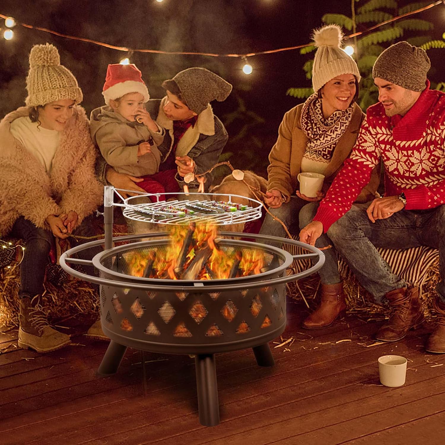 30” Outdoor Fire Pit Multifunctional Black Metal Wood Burning Firepit with Removable Swivel BBQ Grill, Ash Plate,Poker for Backyard Bonfire Patio Camping