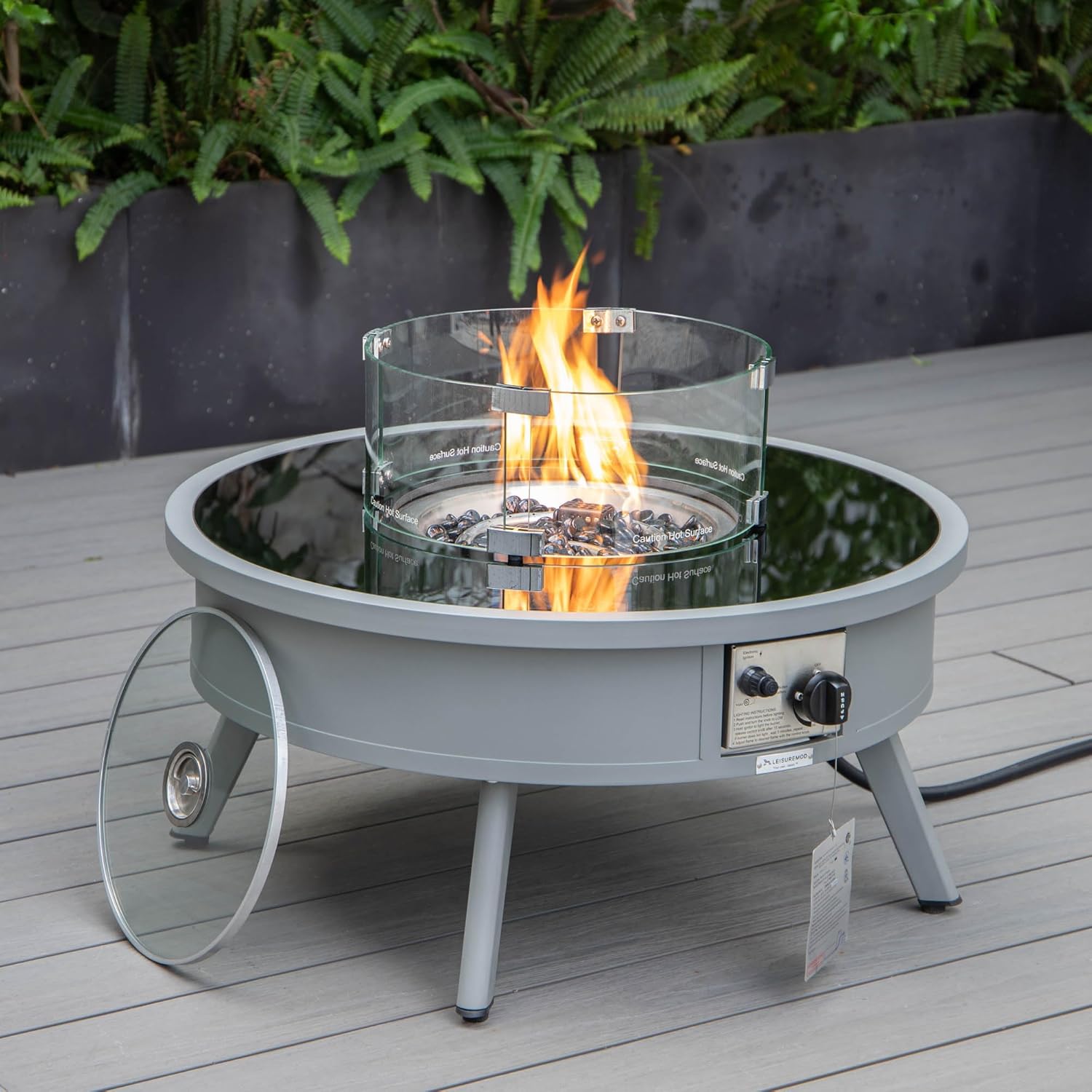 LeisureMod Walbrooke Modern Aluminum 5-Piece Patio Conversation Set with Outdoor Round Firepit Side Table Tank Holder, Light Grey
