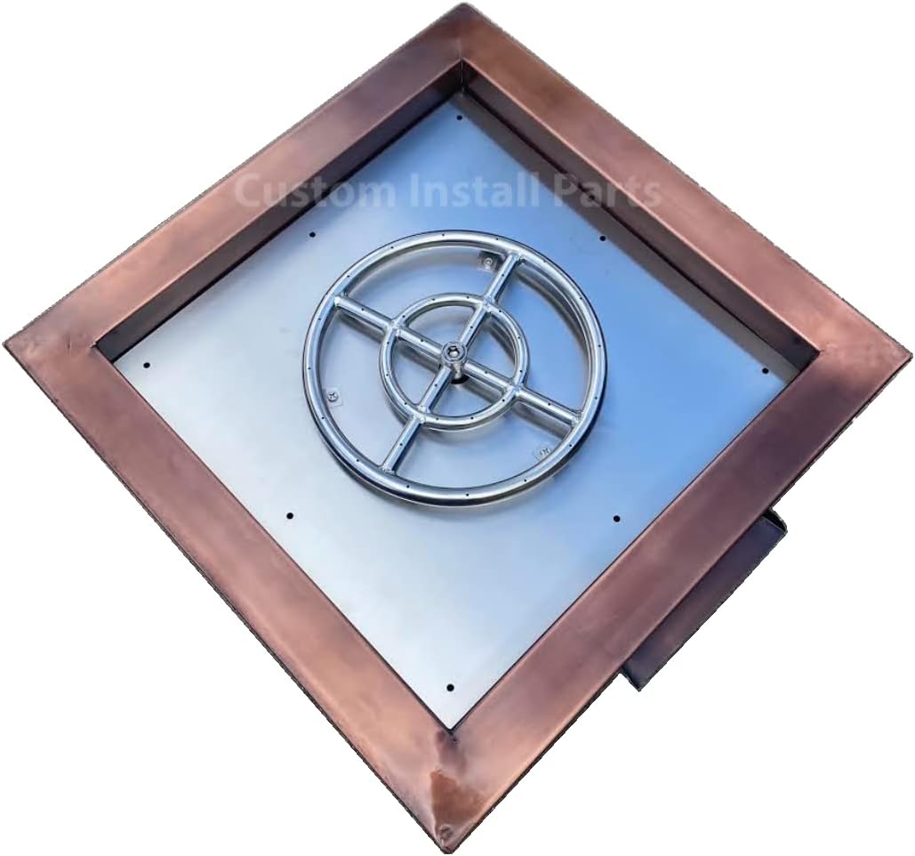 24 Inch Square Hammered Copper Metal Outdoor Propane or Natural Gas Fire Pit with Waterfall Fountain Water Stream Feature