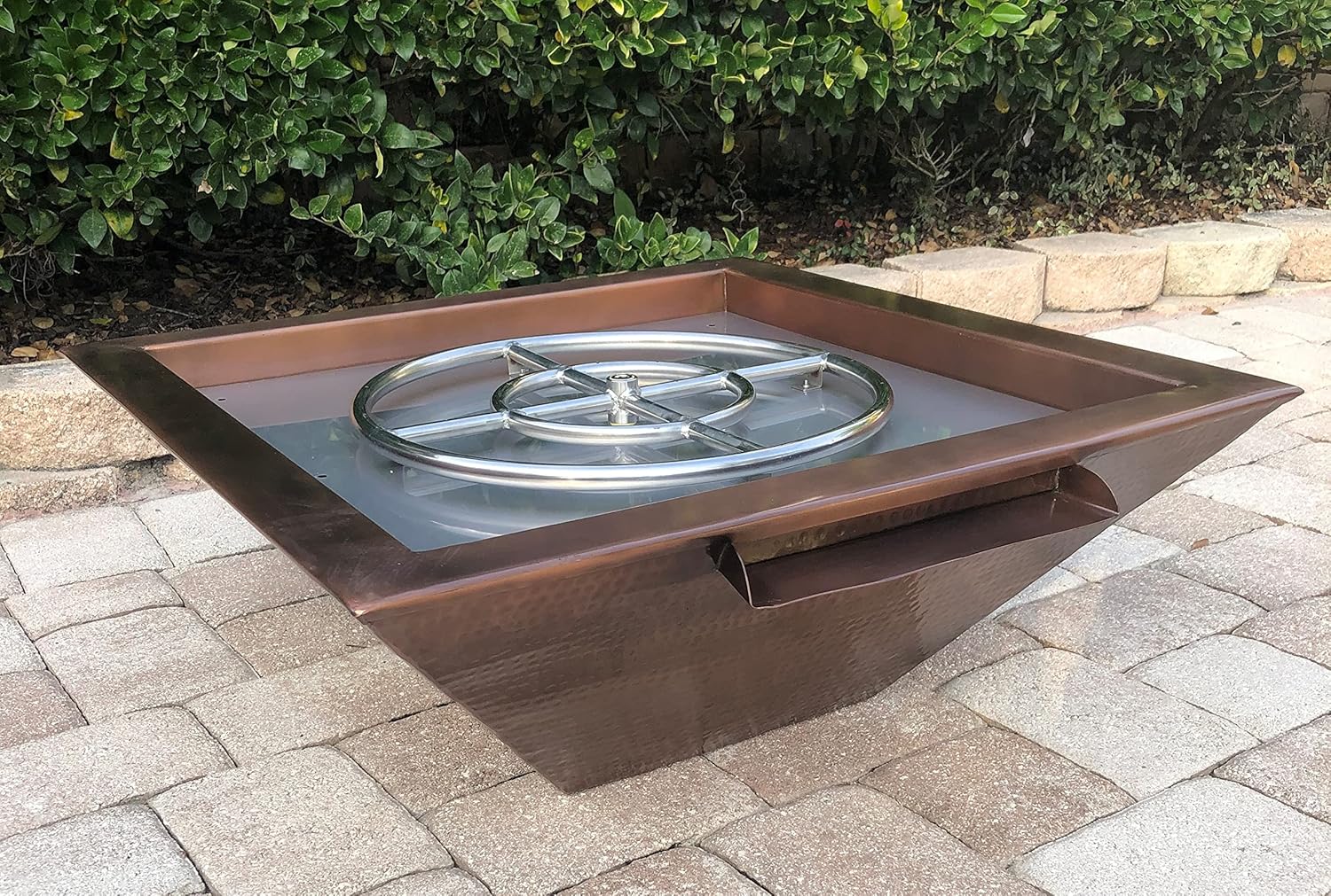 30 Inch Hammered Copper Water Bowl Fountain Square Propane or Natural Gas Fire Pit with 18 inch Diameter Burner Ring 147,000 BTU