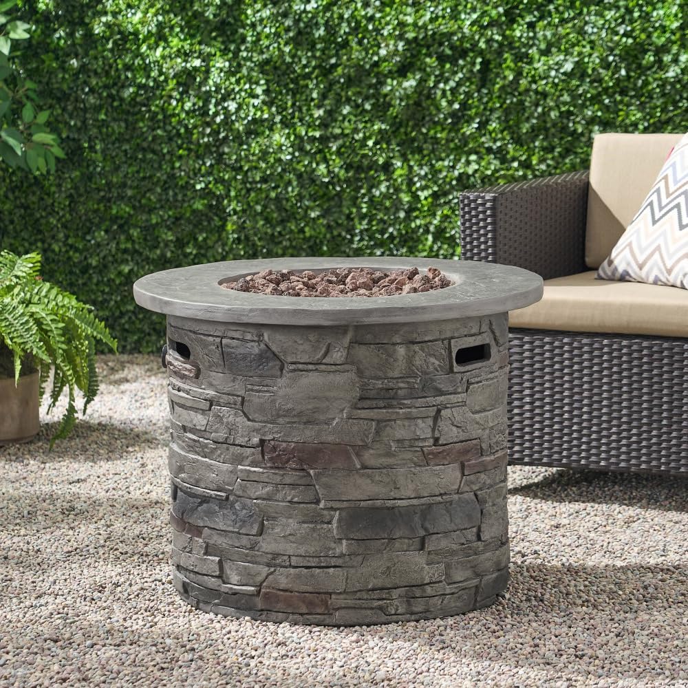 40000BTU Outdoor Propane Fire Pit Table– 31″ Round Weather‑Resistant Concrete Look Fire Table with Lava Rocks, Covered Tank Storage & Push‑Button Ignition for Patio Backyard Gatherings