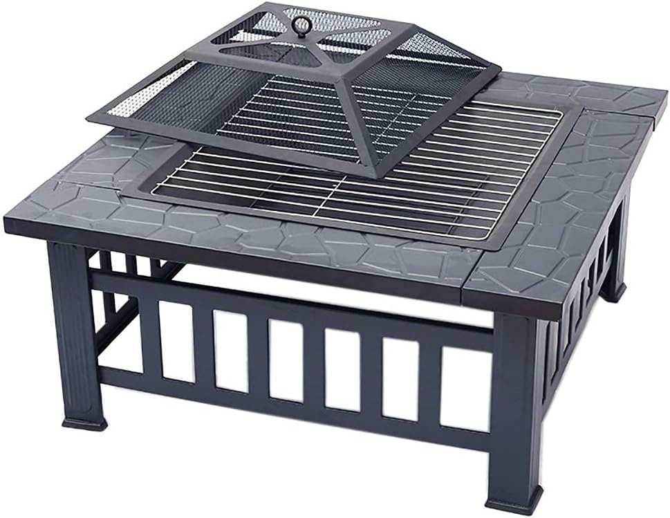 Outdoor Party BBQ Fire Pit with Grill Shelf for Garden and Patio, Outdoor Metal Brazier Square Table Garden Patio Heater 3 in 1 Outdoor Fire Pit Square,
