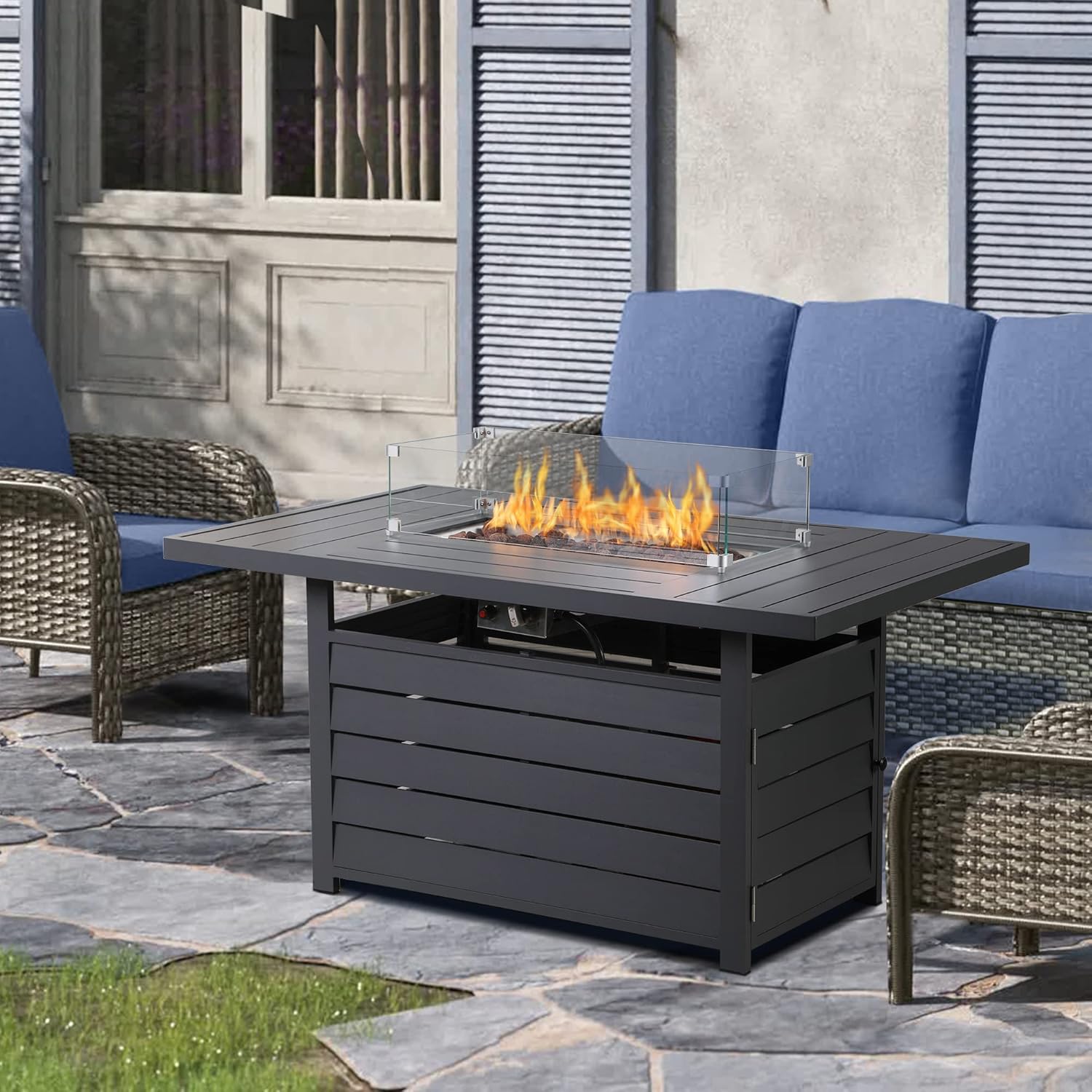 Wisteria Lane 54.3” Outdoor Patio Aluminum Fire Pit Table, 50000 BTU CSA Certified Propane Gas Fire Pit, Rectangular Fire Table w/Stainless Burner, Lava Rock, Waterproof Cover