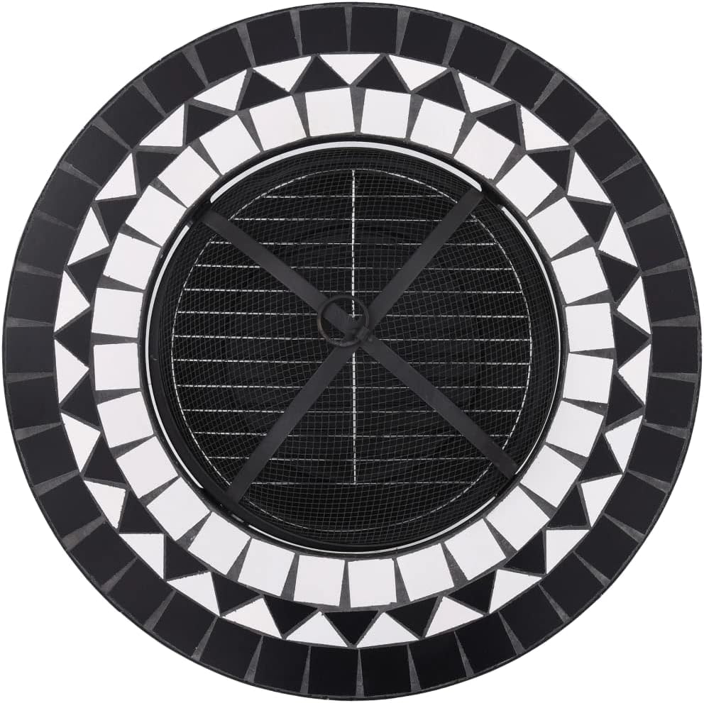 Mosaic Fire Pit Table Black and White Steel Fire Pit Bowl with Safety Mesh and Poker Tool for Garden Patio Heating 26.8