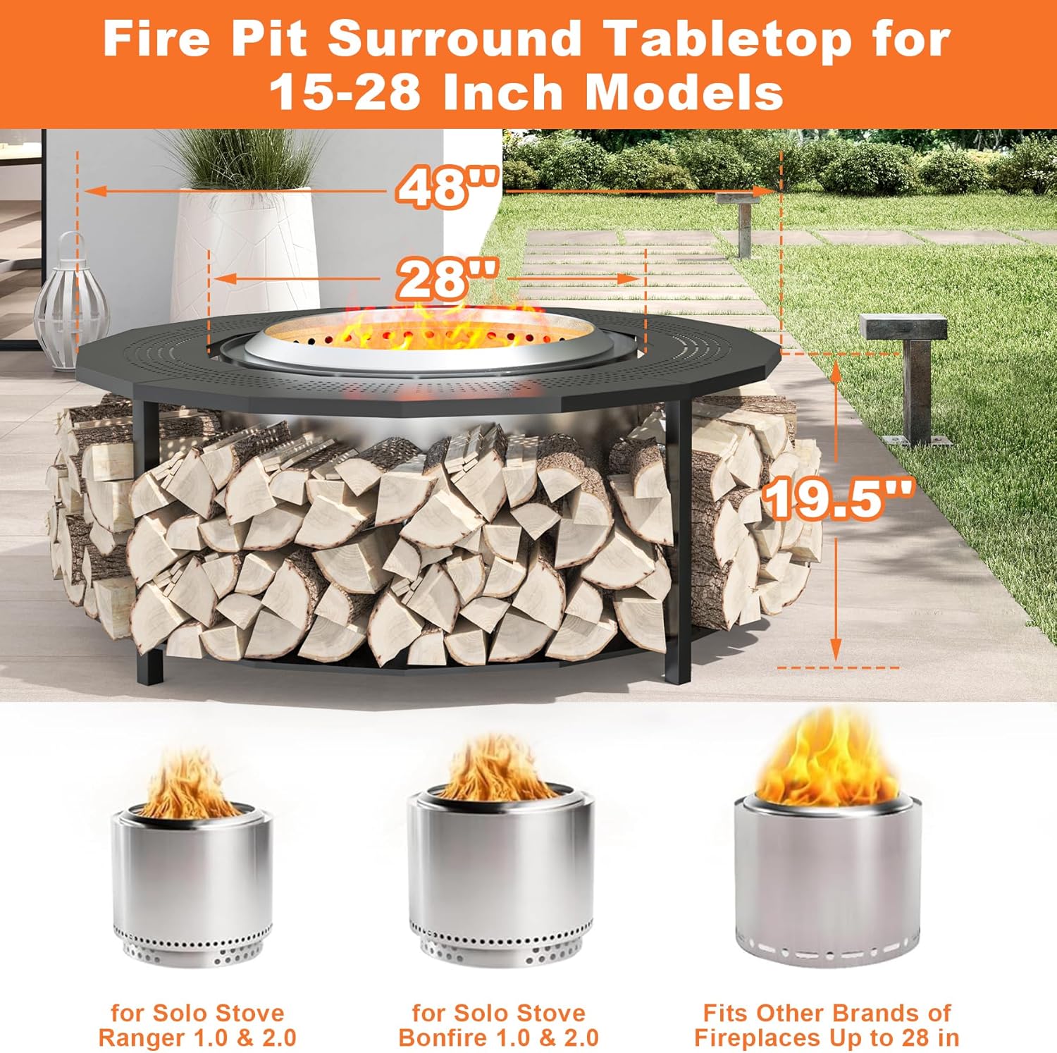 48'' Fire Pit Surround Tabletop with Cover for Solo Stove Bonfire Yukon and Tiki, Surround Table with Firewood Storage Shelf Expands Large Space