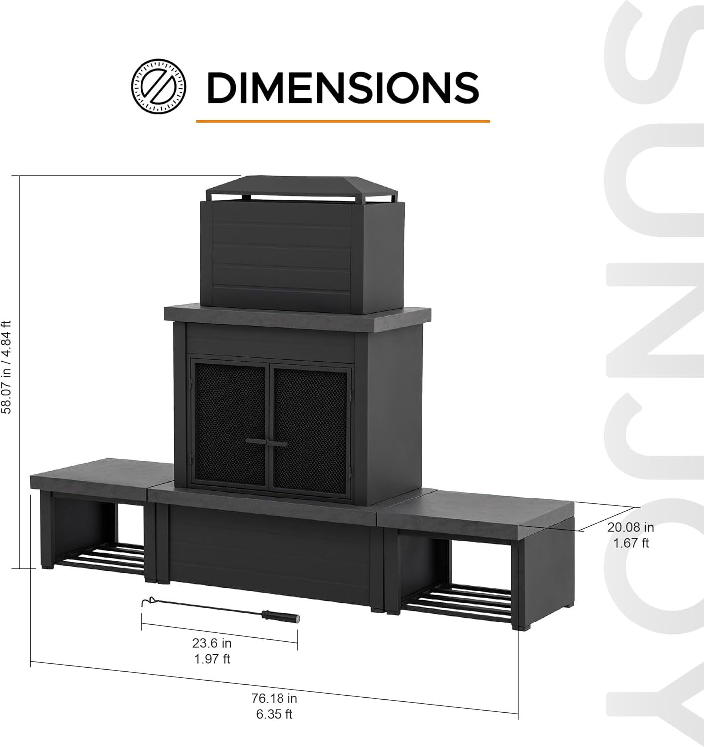 SUNJOY Outdoor Fireplace with Wood Storage and Chimney, Steel Wood Burning Firepit with Mesh Spark Screen Door, Fire Poker, Fireplace Tool & PVC Cover, for Patio Garden Deck Backyard, Black/Dark Gray