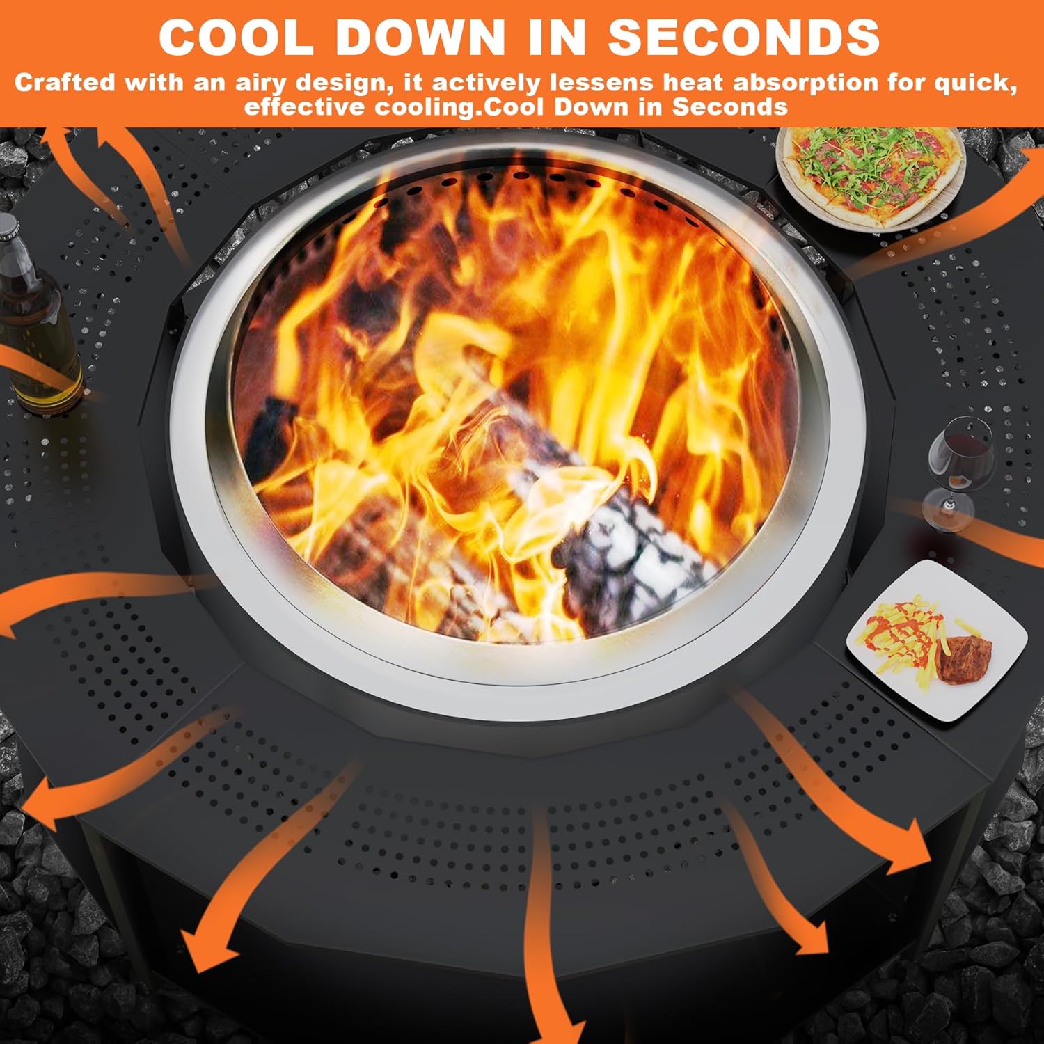 48'' Fire Pit Surround Tabletop with Cover for Solo Stove Bonfire Yukon and Tiki, Surround Table with Firewood Storage Shelf Expands Large Space