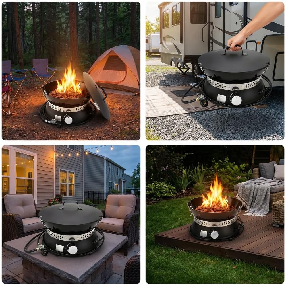 58,000 BTU Smokeless Propane Fire Pit, 19-inch Portable Fire Pit Table with Cover & Carry Straps, Push Button Ignition for Outdoor Camping, RV, Patio, Backyard