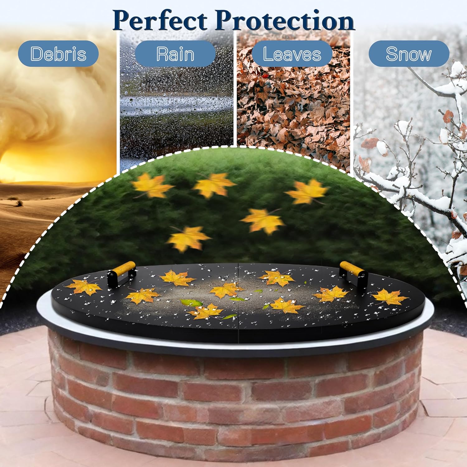 42” Round Fire Pit Lid – Heat Resistant Fire Pit Cover Lid Round for Outdoor Fireplace -16 Gauge Steel Flat Fire Pit Burner Pan Cover with Dual Wooden Handles Snuffer Lid for Patio Fire Pit Ring