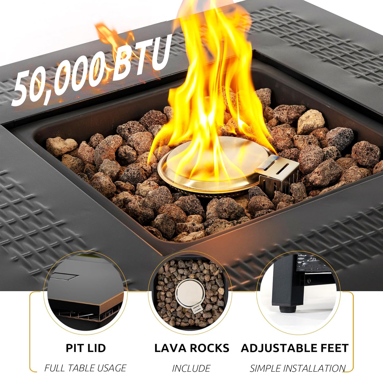 Propane Fire Pit Table,Out Door Fire Pits & Fireplaces,Gas Fire Pit with Lid and Lava Rock.Square Black Fire Pit Table on Patio Deck & Garden Backyard. (Raven‌ Black, 28-inch)
