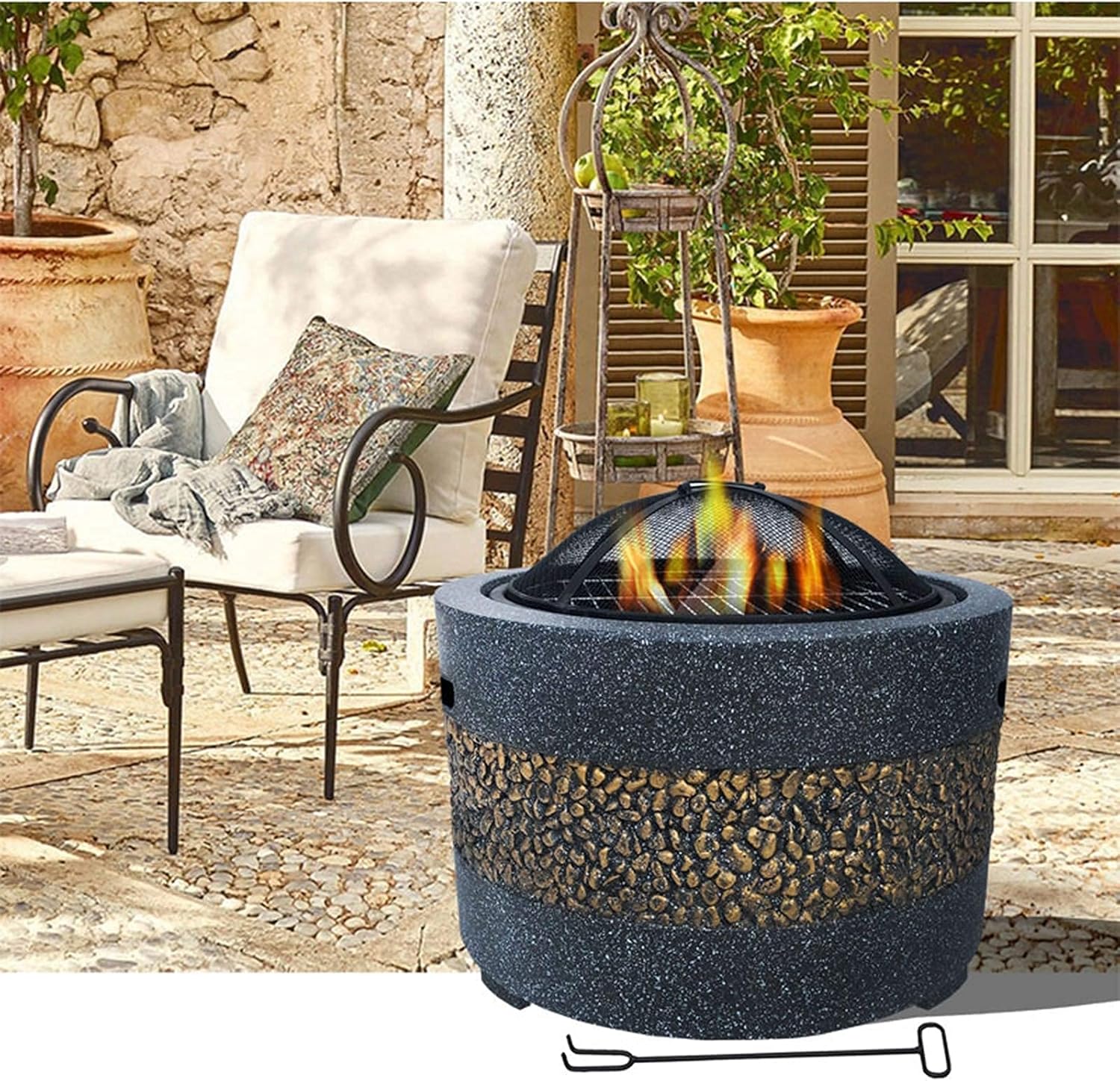 Outdoor Heaters & Fire Pits BBQ Grill Firepit Bowl Backyard Patio Garden Fireplace with Grill Grate for Camping Picnic Bonfire Patio Backyard Garden Beaches Park