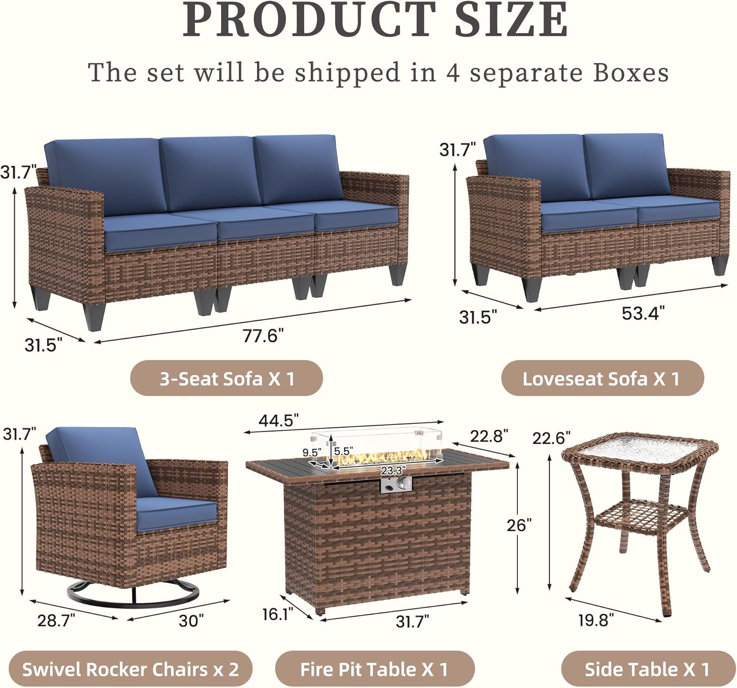 UDPATIO Patio Furniture Set with Fire Pit Table and Swivel Rocking Chairs, 6 Pieces Outdoor Wicker Furniture Set with Waterproof Cover, 4'' Thickened Cushion, Navy