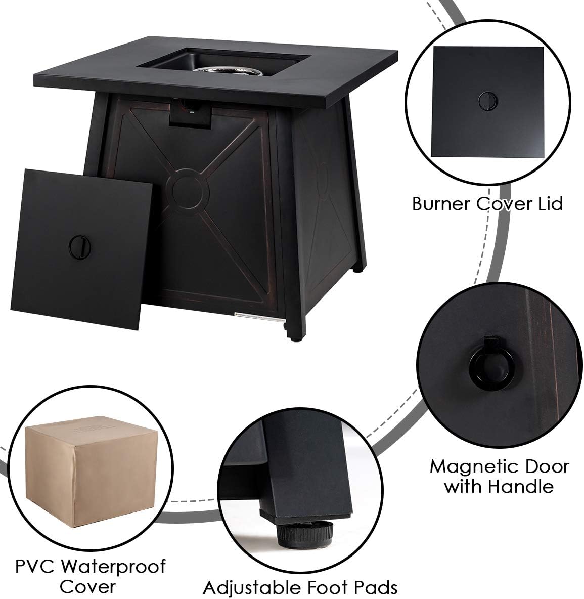 Giantex Gas Fire Table, 30 Inch Square Firepit Table 50,000BTU Fire Pits Tables w/Waterproof Cover, ETL and CSA Certification Patio Auto-Ignition Propane Heater Fireplace Table w/Lava Rock (Black)