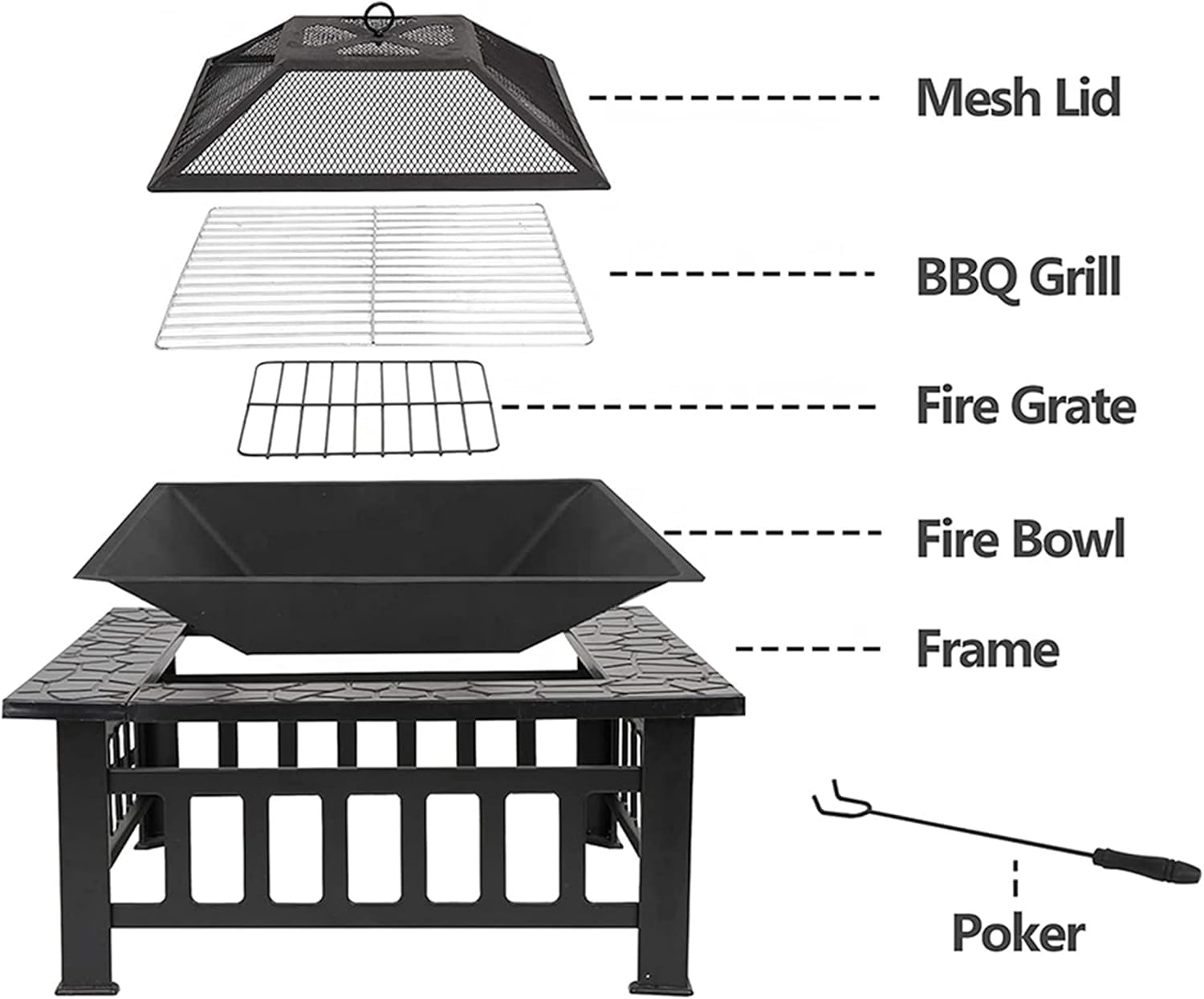 Outdoor Fire Pit Table, 3 in 1 Square Firepit for Barbecue, Patio Heater, Ice Pit, Metal Brazier Bonfire Firepit,Spark Cover Screen & Poker & BBQ Grill Grate