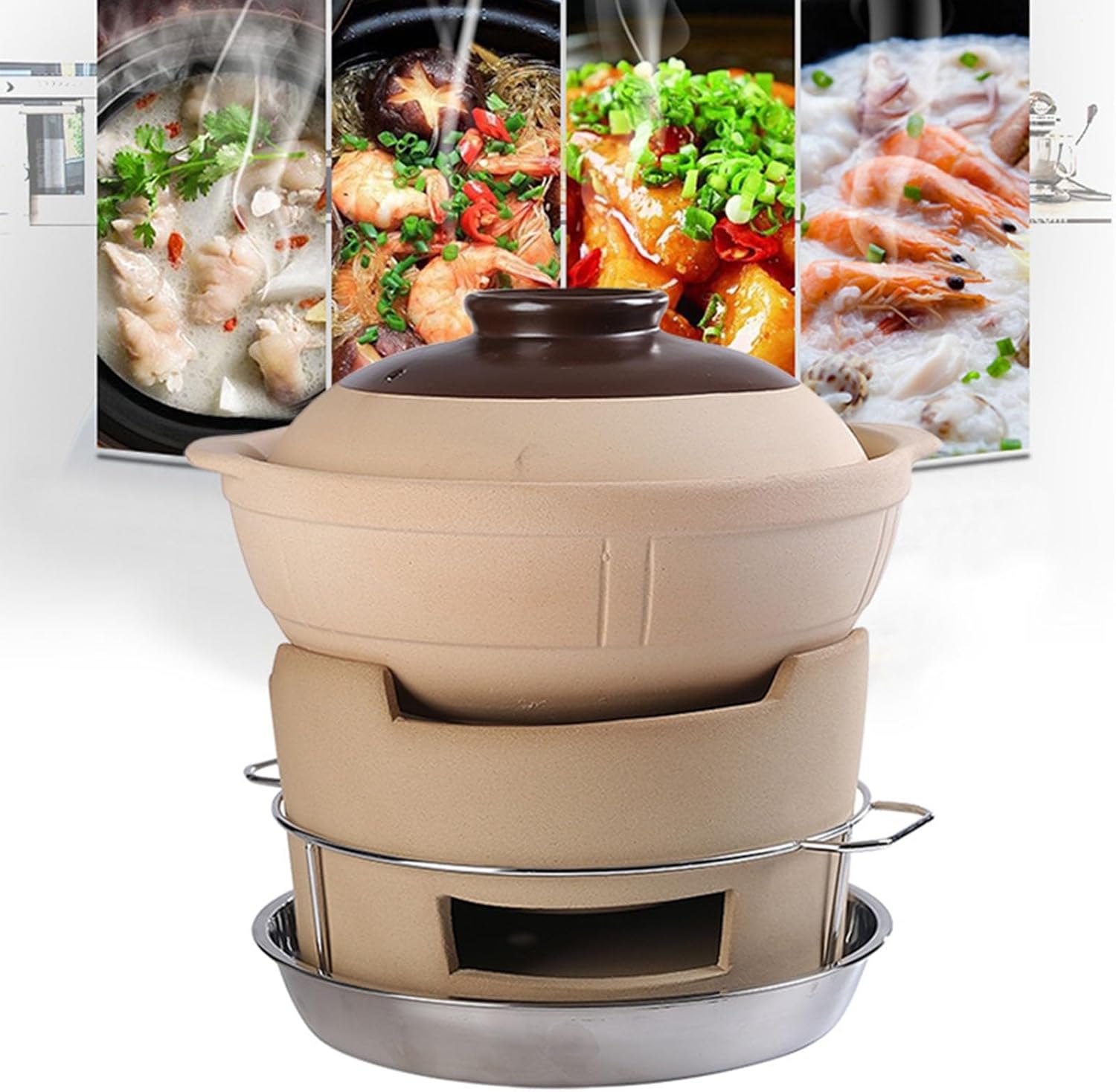 Small Round Clay Charcoal Stove Clay Grilling Stove Ceramic Fire Pit Portable Tabletop Pottery Stove Outdoor BBQ Package ()