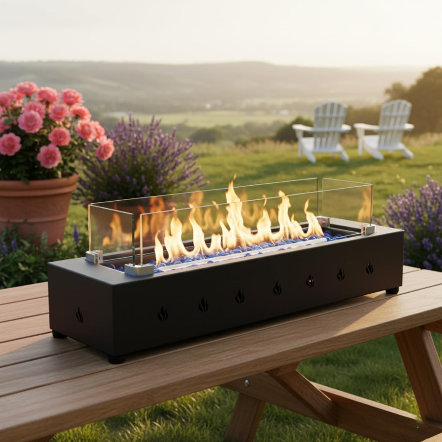 Propane Fire Pit 40,000 BTU with Wind Guard, 28 Inch Outdoor Patio Smokeless Heater with Tempered Glass & Rocks, Steel Gas Fire Pit Table for Deck Backyard, Bottom/Side Hose Conversion