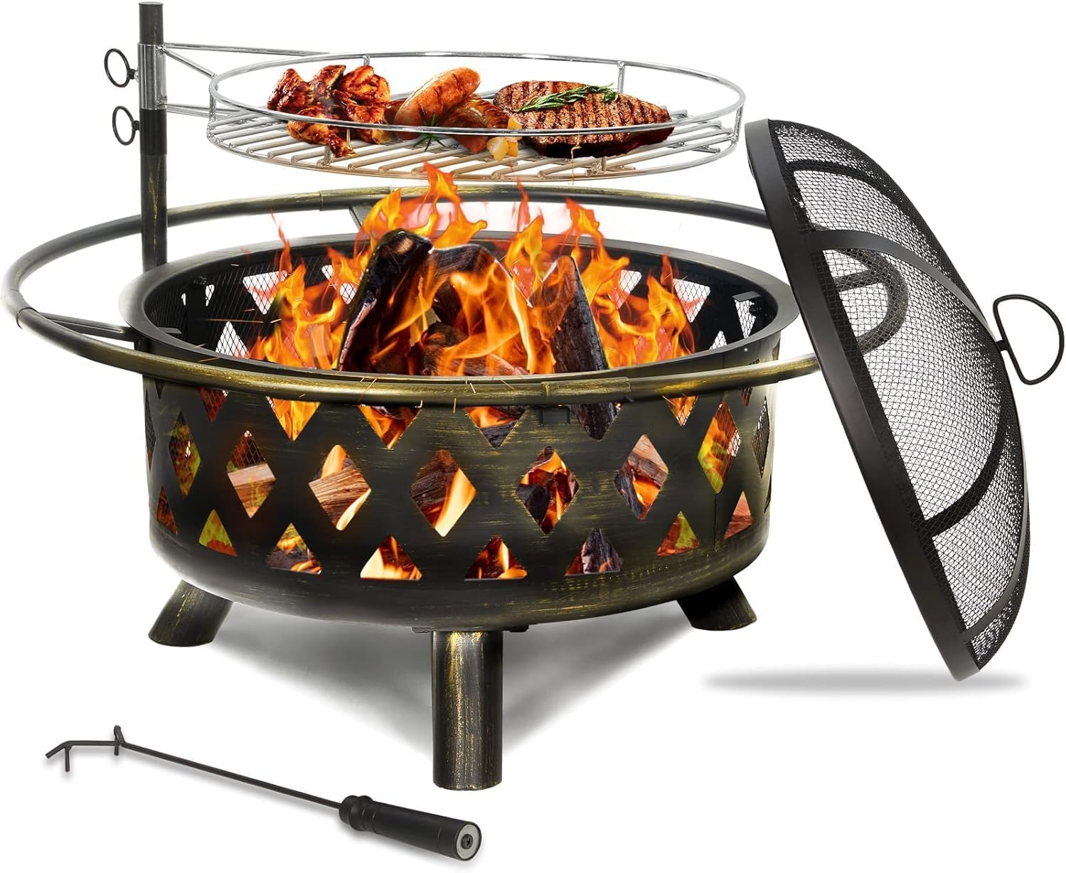 30 Inch Outdoor Fire Pit with Spark Screen & Cooking Grate - Large Round Steel Firepits for Patio, Backyard & Garden - Includes Poker for Wood Burning & Camping Use