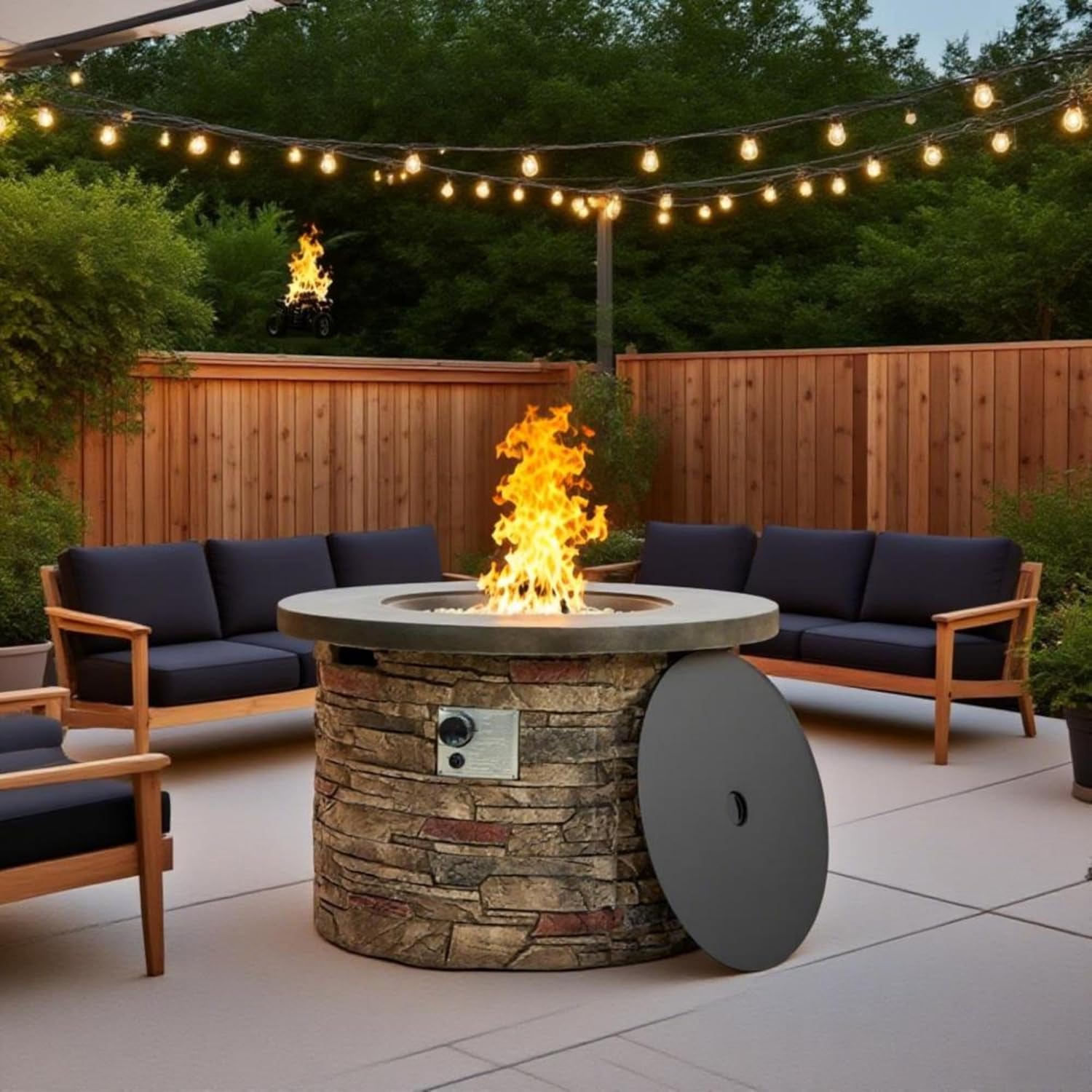 36-Inch Round Propane Fire Pit Table, 50,000 BTU, Stone-Look Base with Metal Top, Hidden Tank Storage