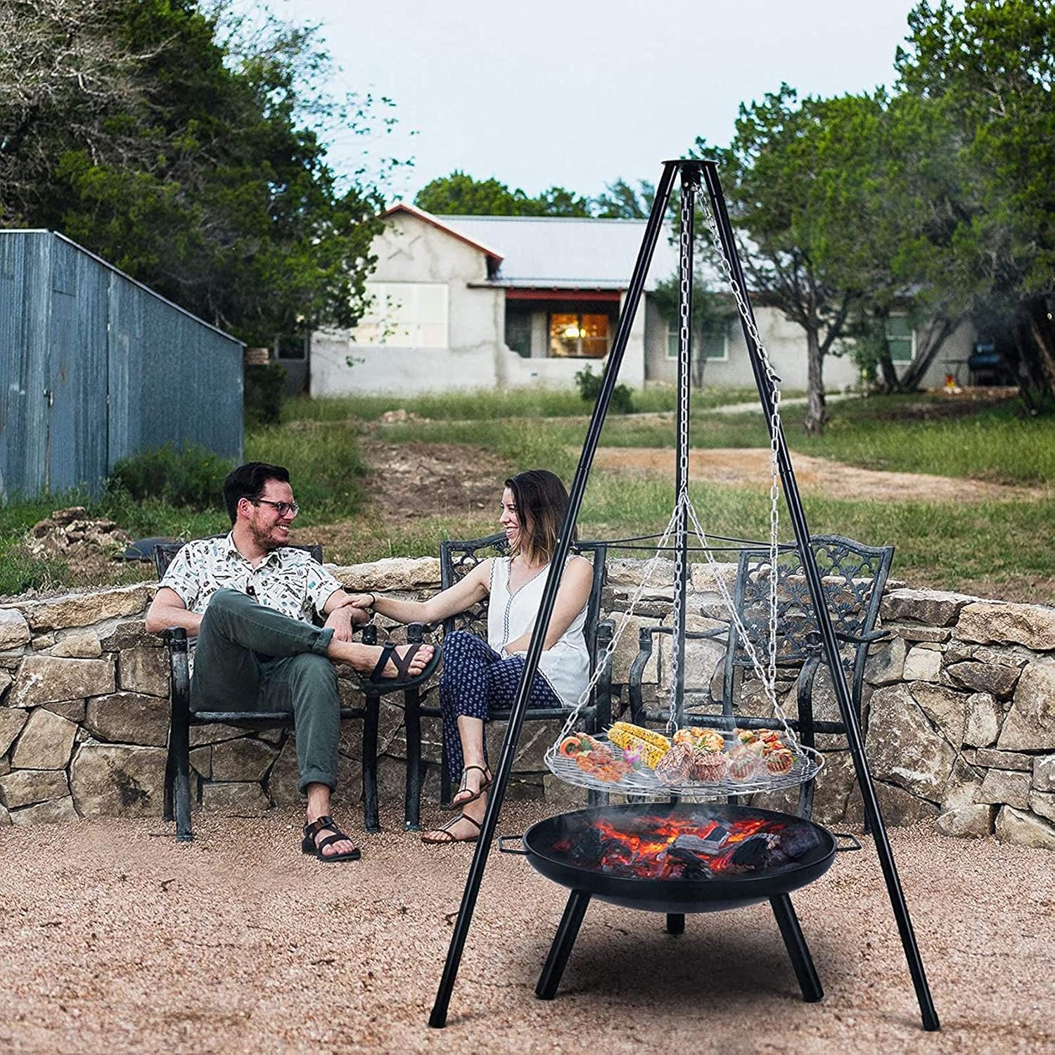 Fire Pit Tripod Charcoal BBQ Grill, Barbecues with Height-Adjustable Swivel Hanging Grill Portable Metal Fire Bowl for Outdoor Cooking Drying Clothes Pot Roast Grilling