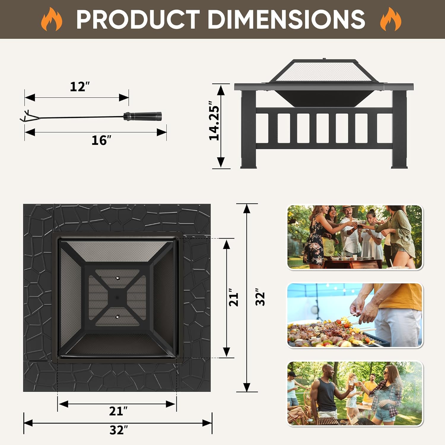 Greesum Multifunctional Patio Fire Pit Table, 32in Square Metal BBQ Firepit Stove Backyard Garden Fireplace with Spark Screen Lid and Rain Cover for Camping, Outdoor Heating, Bonfire, Dark Black