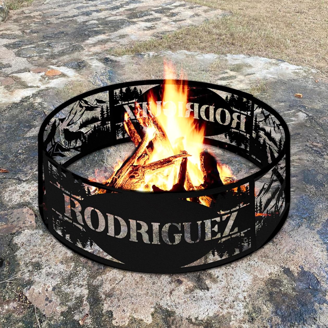 Personalized Wolf Fire Pit Ring Metal Custom Name 360 Degree Cutouts Wilderness Campfire Ring Stove Outdoor BBQs Backyard Camping Garden Decor Gifts Father's Day Campers