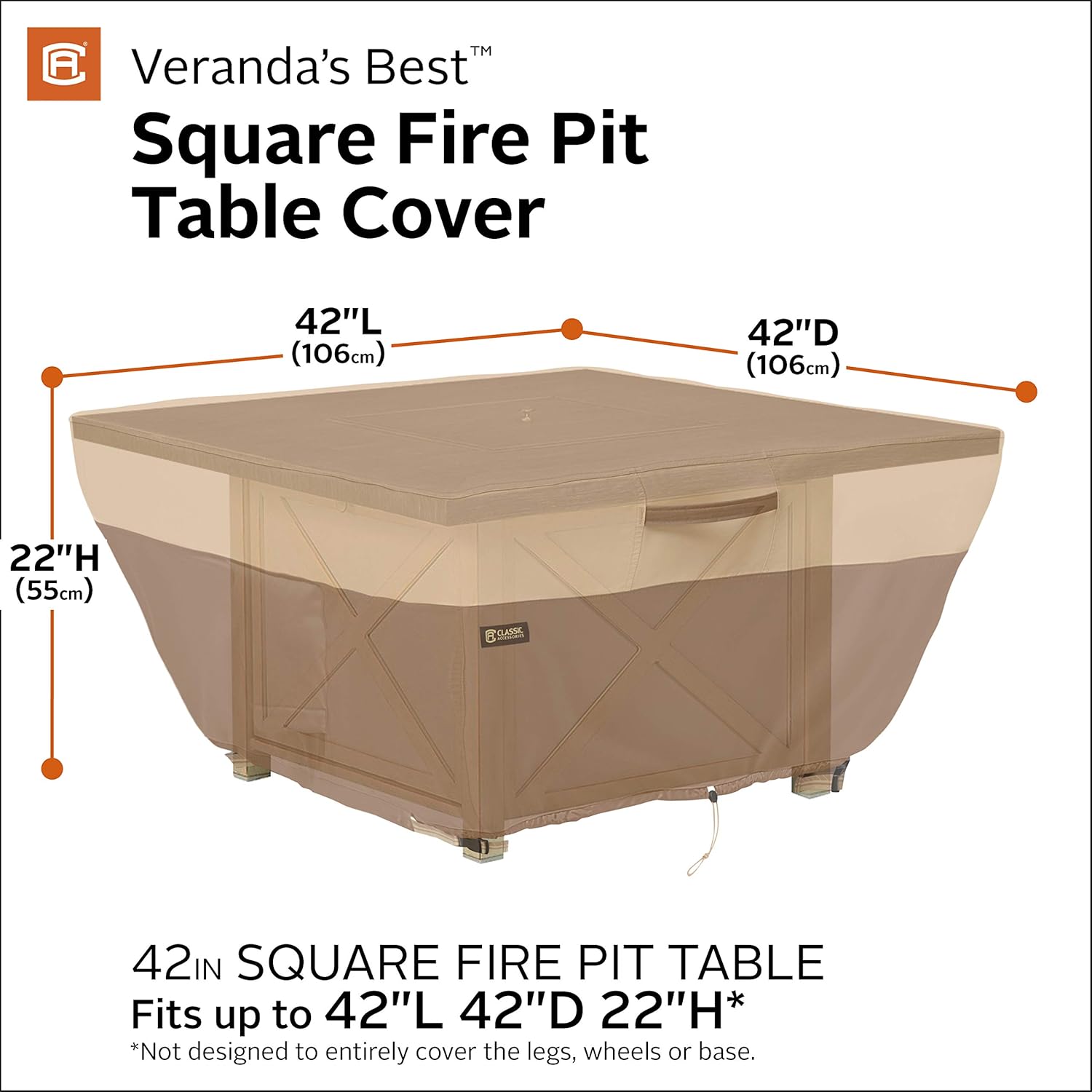 Classic Accessories Veranda's Best Waterproof Square Fire Pit Table Cover, 42 x 42 x 22 Inch