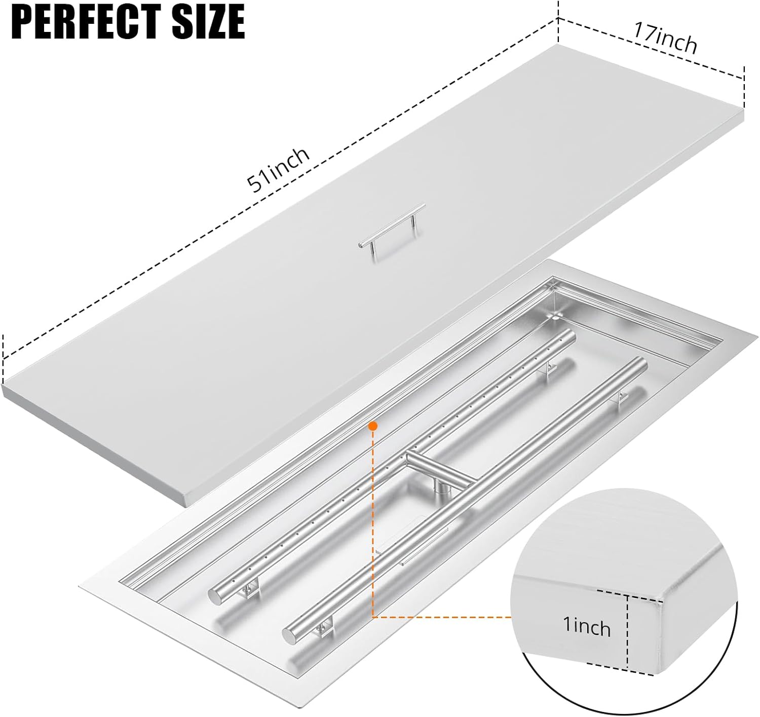 GarveeLife Stainless Steel Fire Pit Cover – 51 x 17 Inch Rectangular Metal Fire Pit Cover, Fits 48 x 14 Inch Fire Pit Fire Pit, Carrying Handle, Heat Resistant Fire Pit Burner Cover for Outdoor Patio