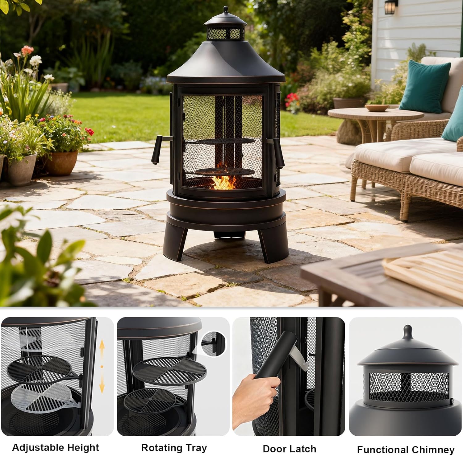ALAULM Metal Chiminea Fire Pit with Grill, 2 in 1 Firepit with Adjustable Grill Tray & Mesh Spark Screen Door, 3-Door Multi-Access Fireplace for Patio, Garden & Backyard