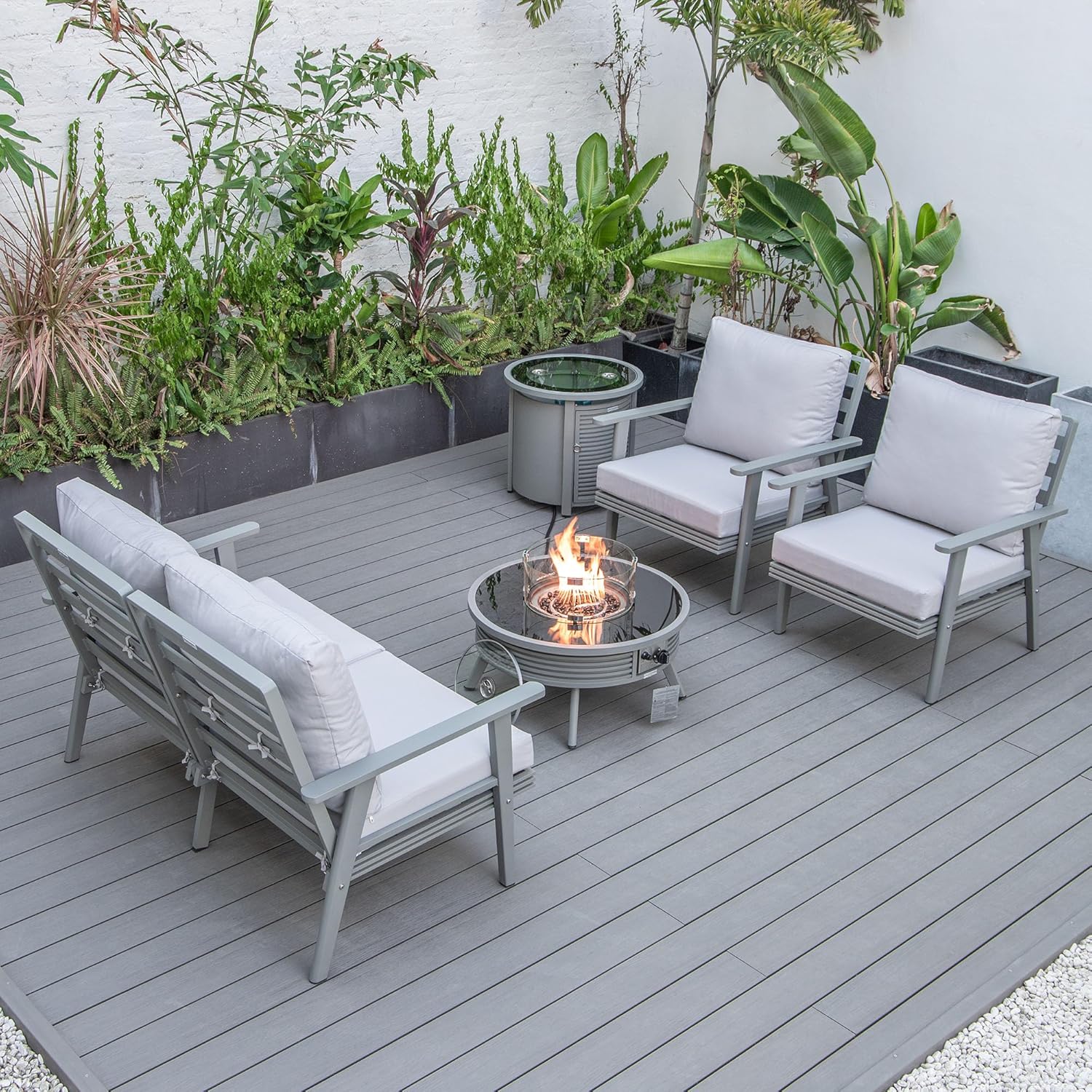 LeisureMod Walbrooke Modern Aluminum 5-Piece Patio Conversation Set with Outdoor Round Fire Pit Slats Design & Side Table Tank Holder, Light Grey